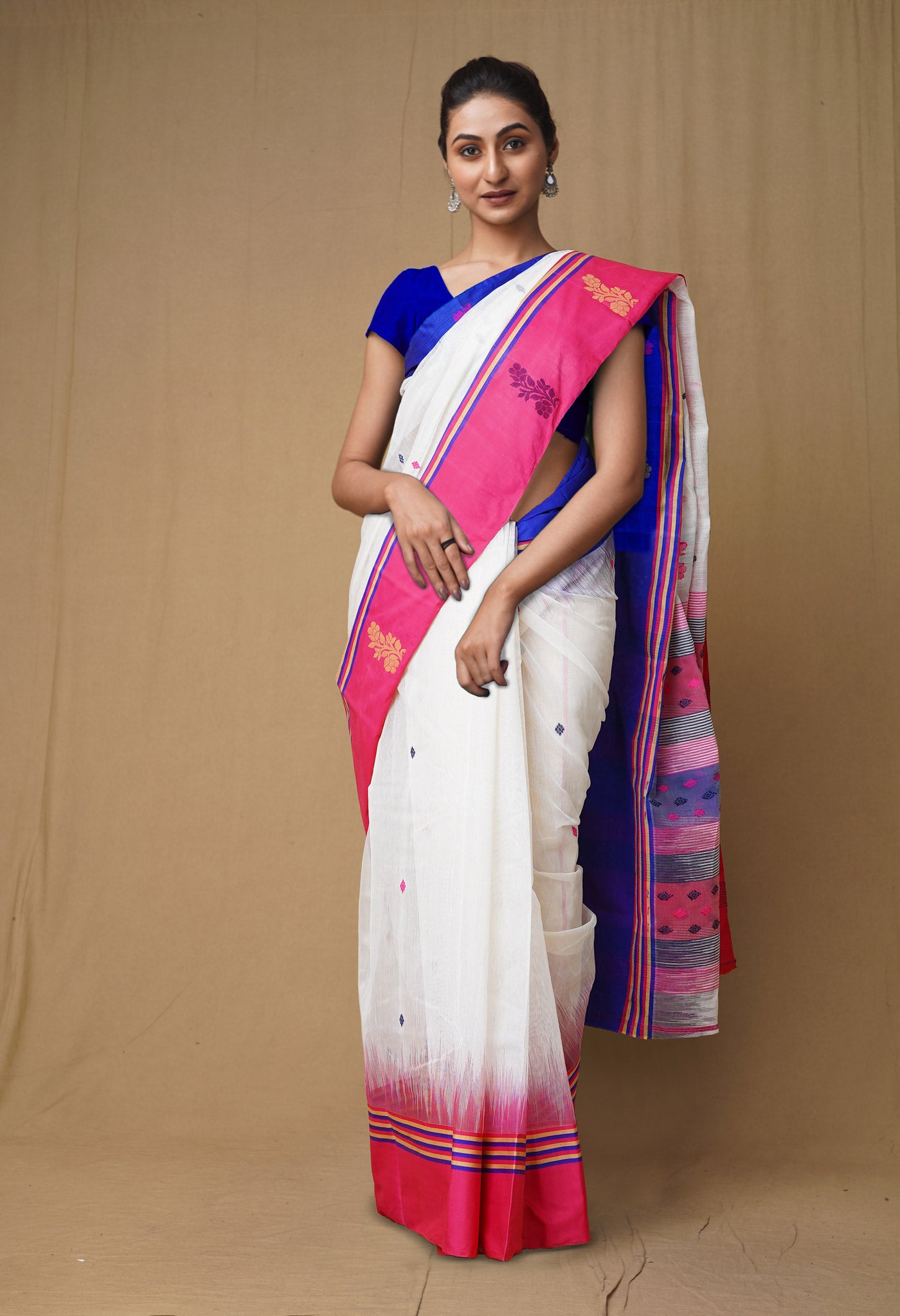 White Pure Handloom Jamdhani Bengal Cotton Saree-UNM80143