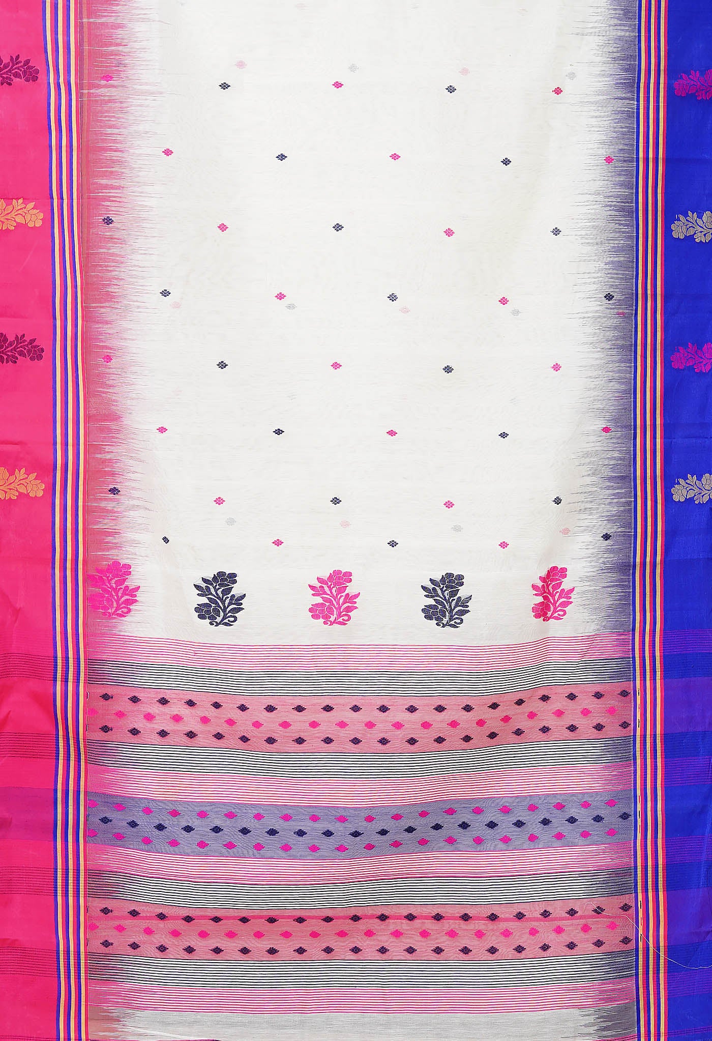 White Pure Handloom Jamdhani Bengal Cotton Saree-UNM80143