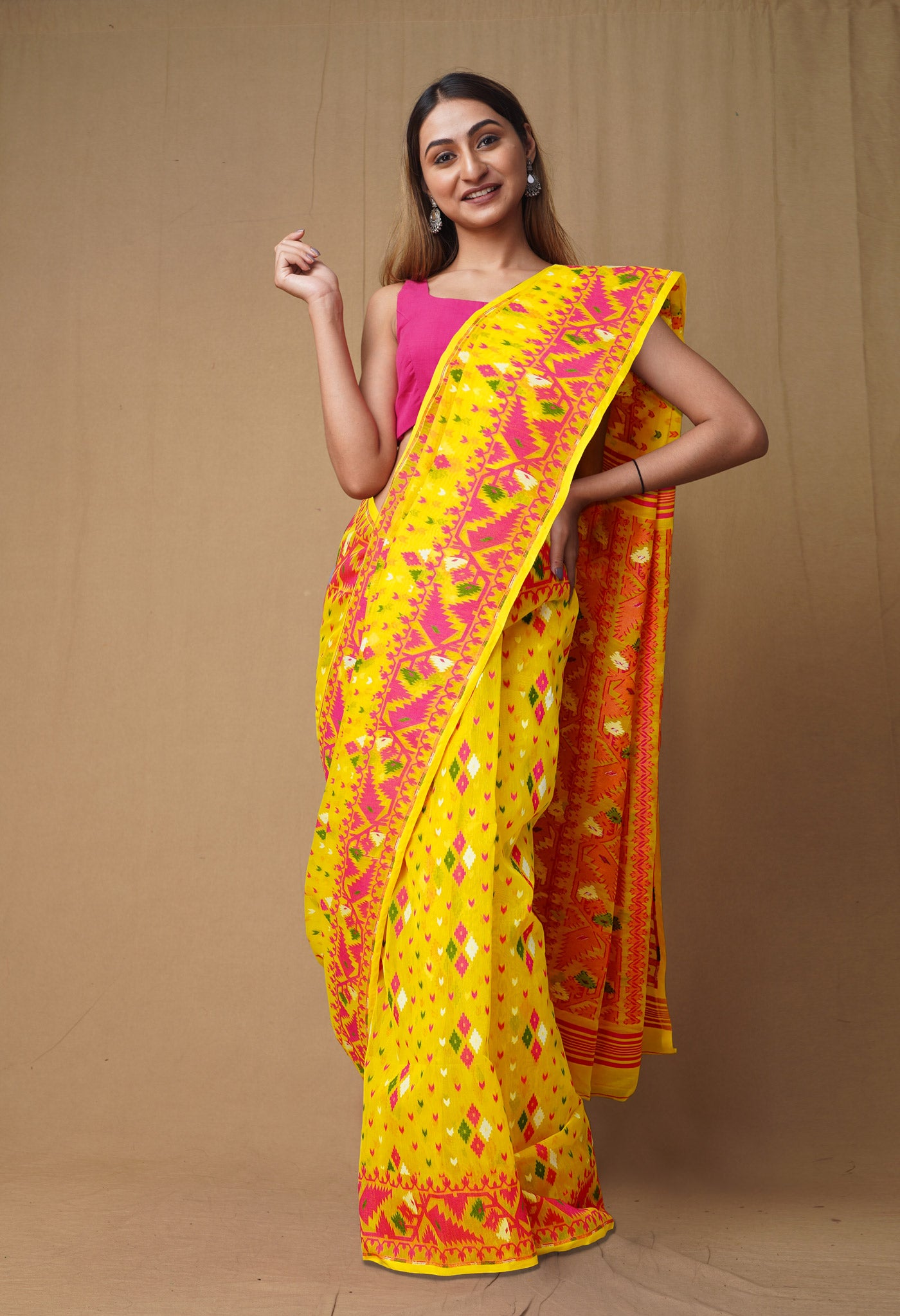 Yellow-Pink Pure Handloom Jamdhani Bengal Cotton Saree-UNM80145