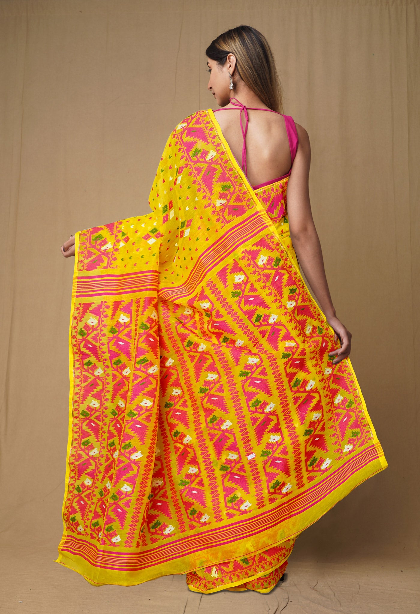 Yellow-Pink Pure Handloom Jamdhani Bengal Cotton Saree-UNM80145