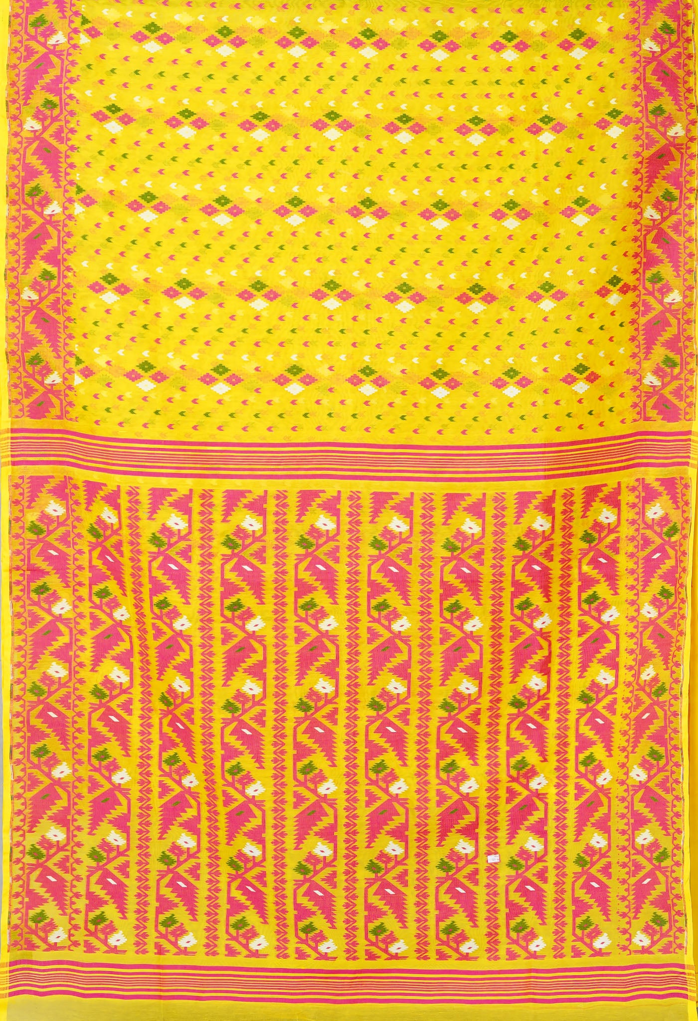 Yellow-Pink Pure Handloom Jamdhani Bengal Cotton Saree-UNM80145