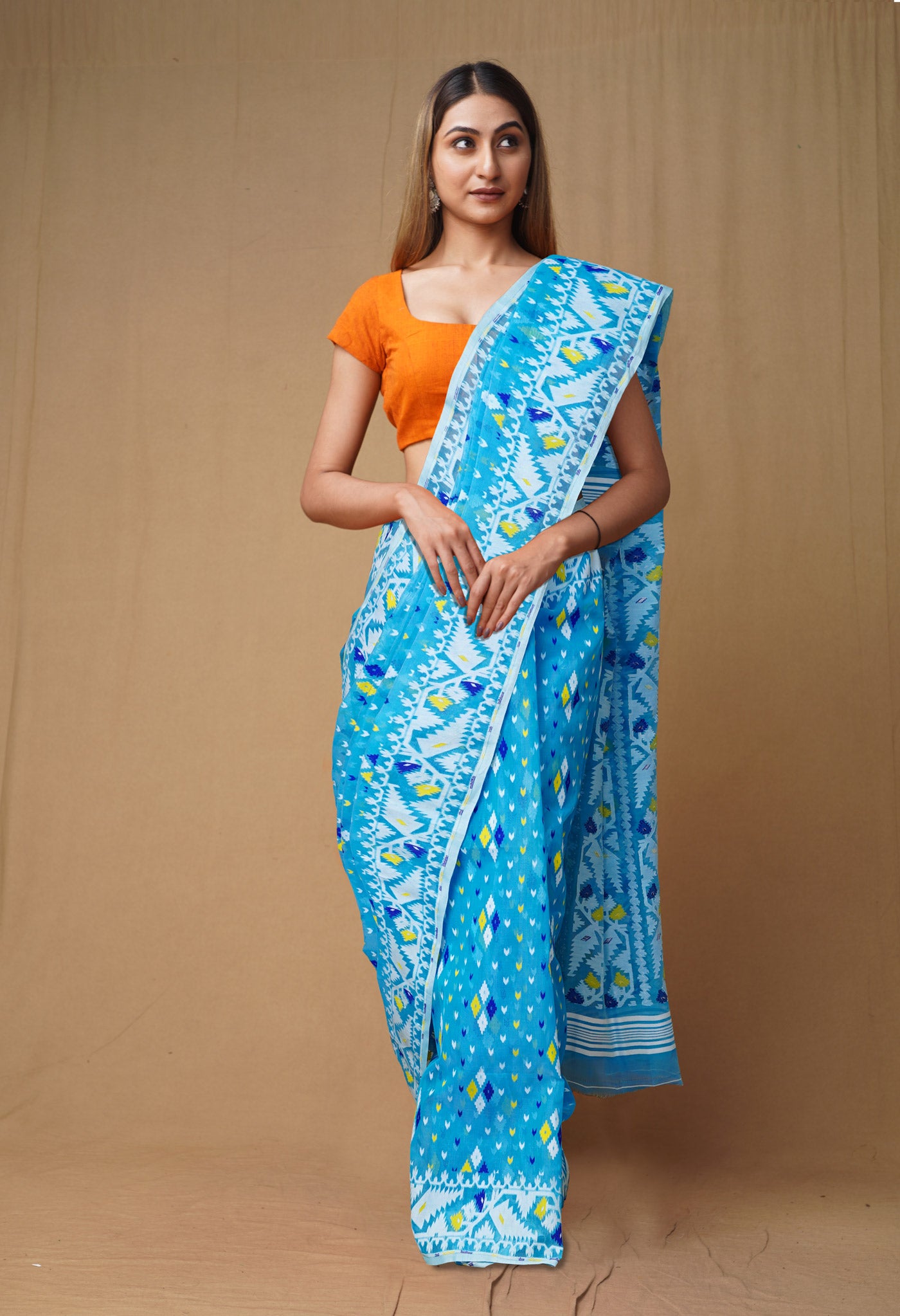 Blue-White Pure Handloom Jamdhani Bengal Cotton Saree-UNM80146