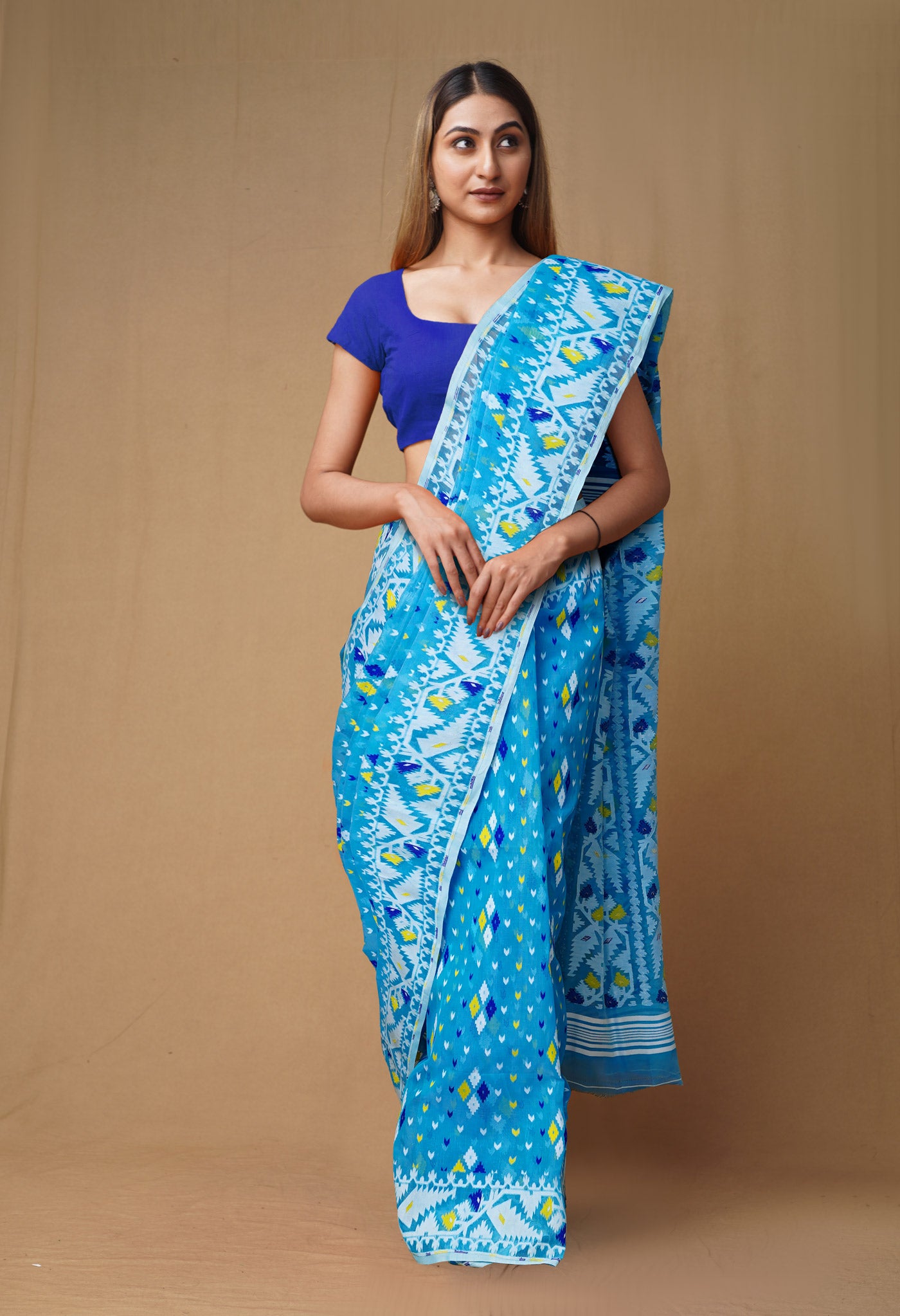 Blue-White Pure Handloom Jamdhani Bengal Cotton Saree-UNM80146