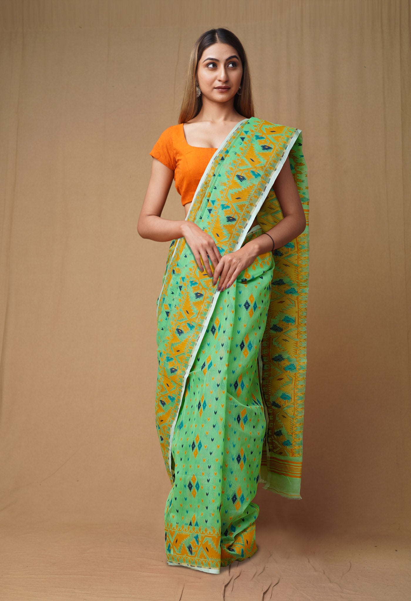 Green-Orange Pure Handloom Jamdhani Bengal Cotton Saree-UNM80148