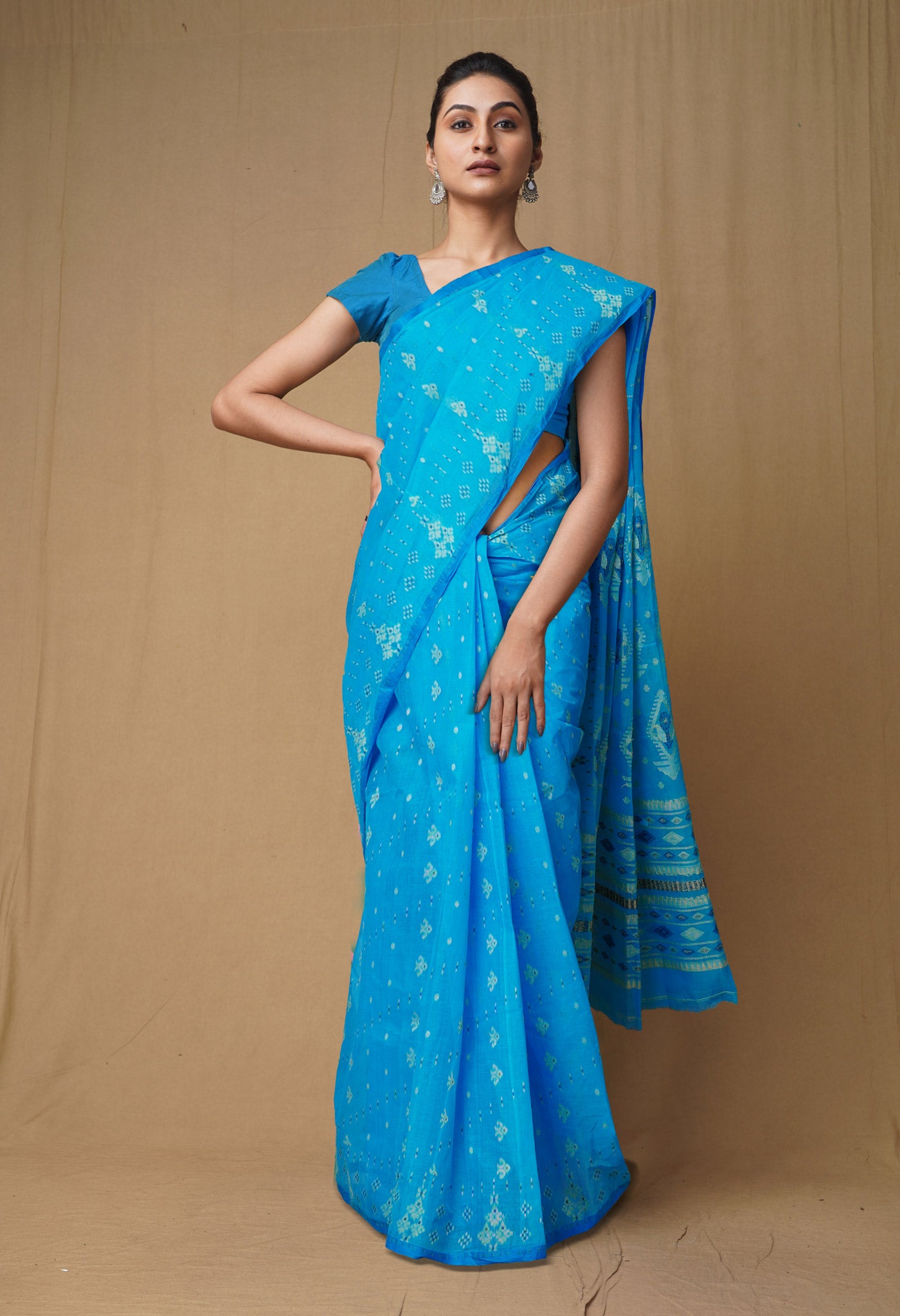 Blue Pure Handloom Jamdhani Bengal Cotton Saree-UNM80150