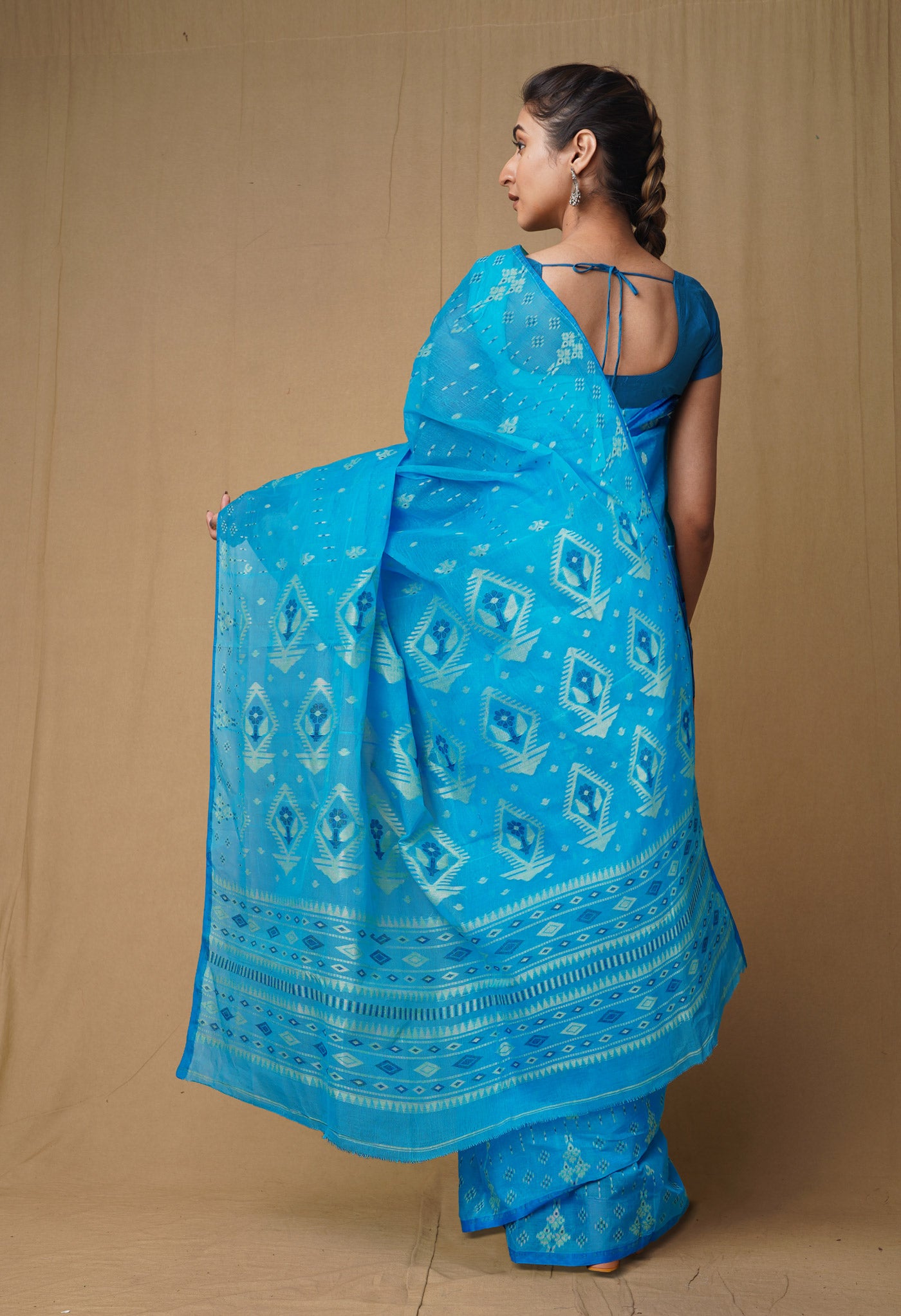 Blue Pure Handloom Jamdhani Bengal Cotton Saree-UNM80150