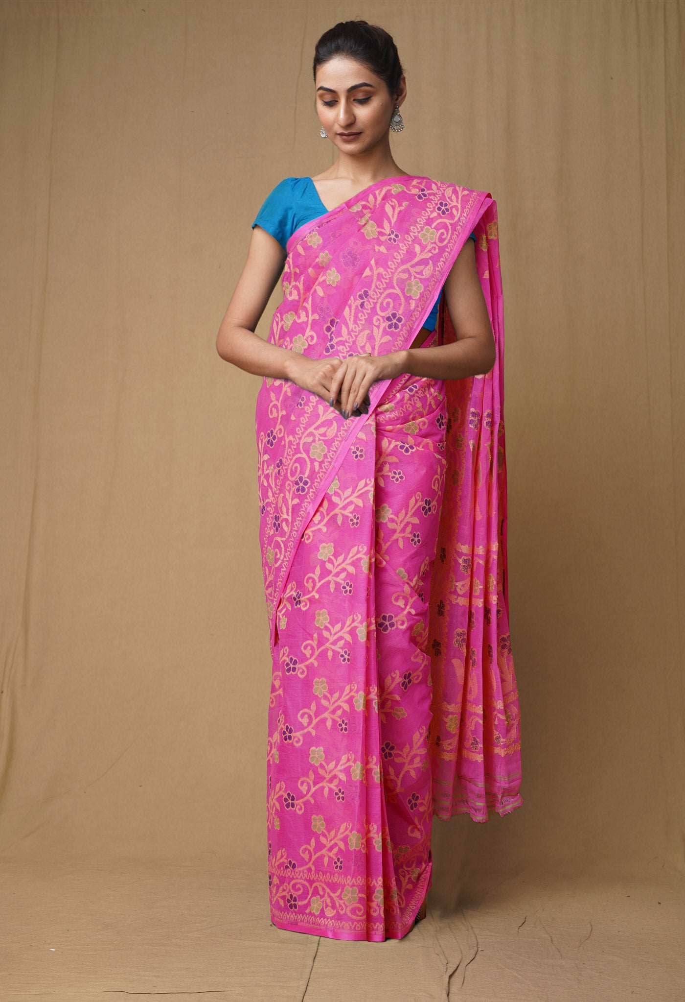 Pink Pure Handloom Jamdhani Bengal Cotton Saree-UNM80151