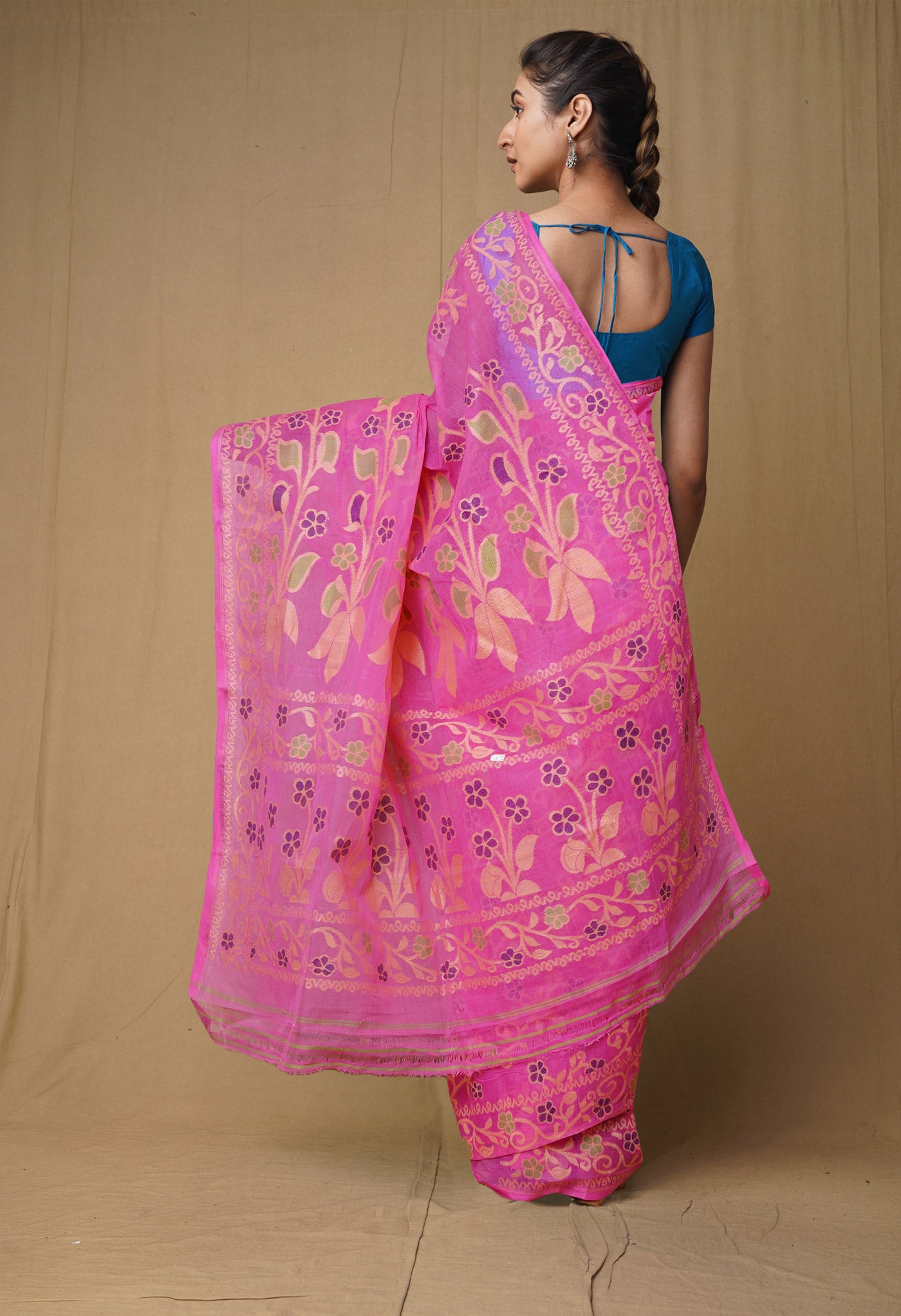 Pink Pure Handloom Jamdhani Bengal Cotton Saree-UNM80151