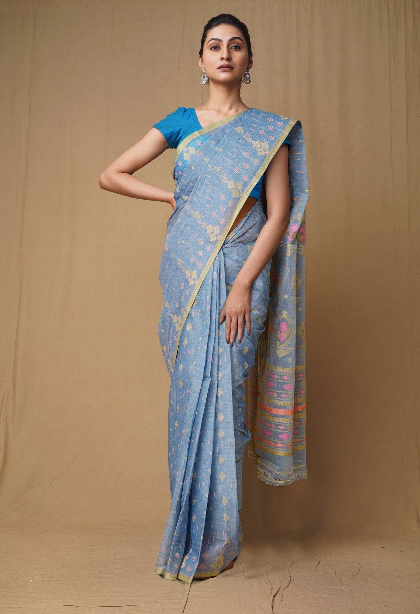 Grey Pure Handloom Jamdhani Bengal Cotton Saree-UNM80152