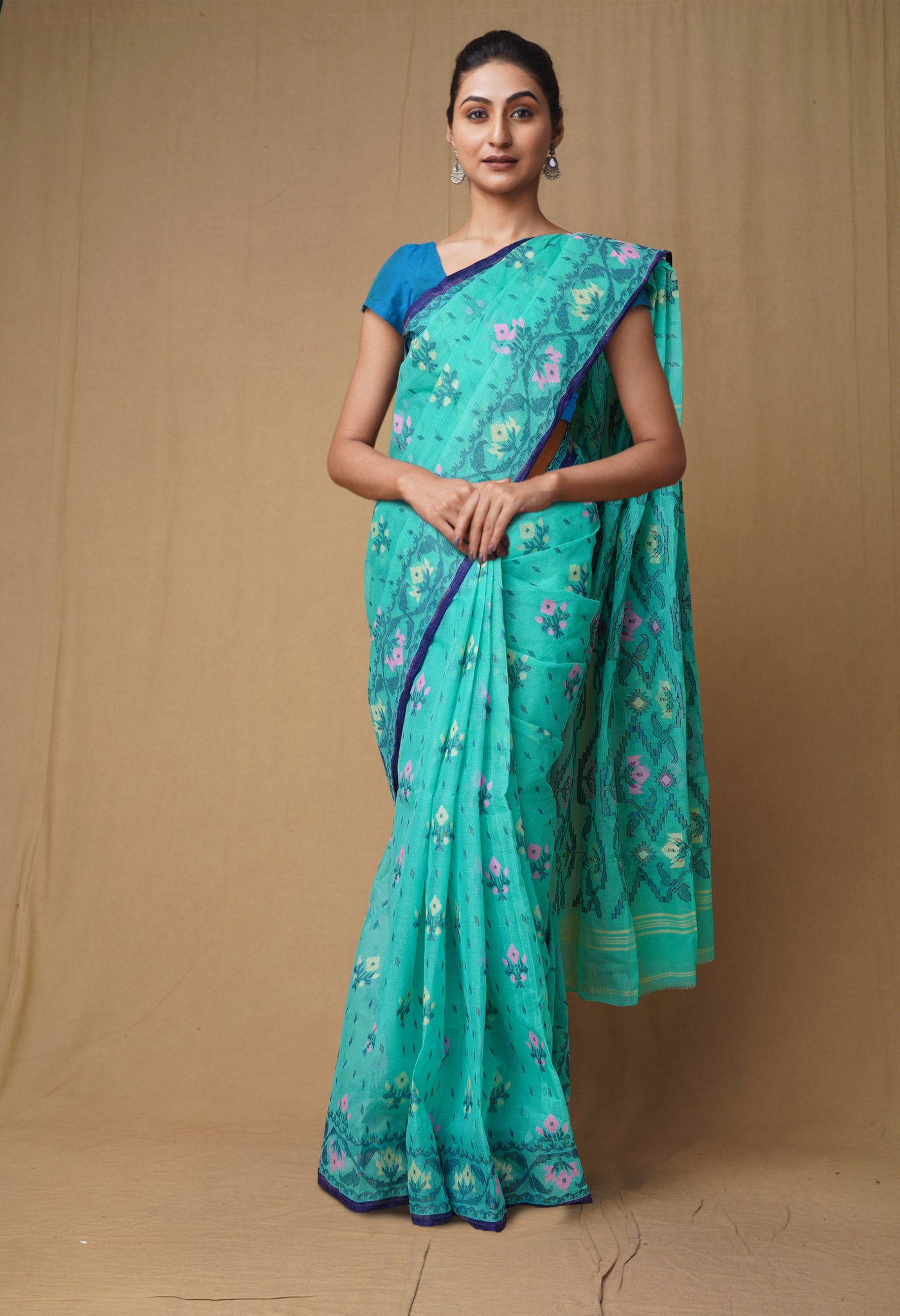 Green Pure Handloom Jamdhani Bengal Cotton Saree-UNM80153