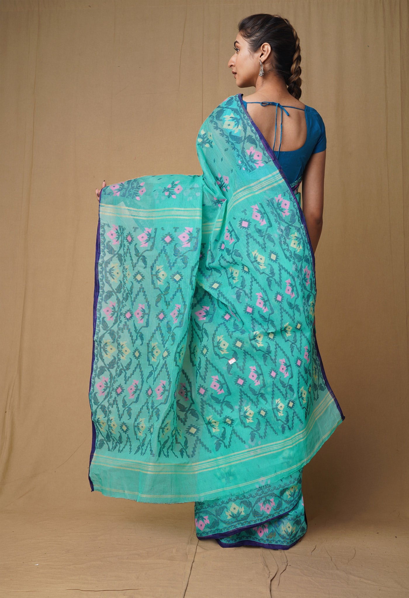 Green Pure Handloom Jamdhani Bengal Cotton Saree-UNM80153