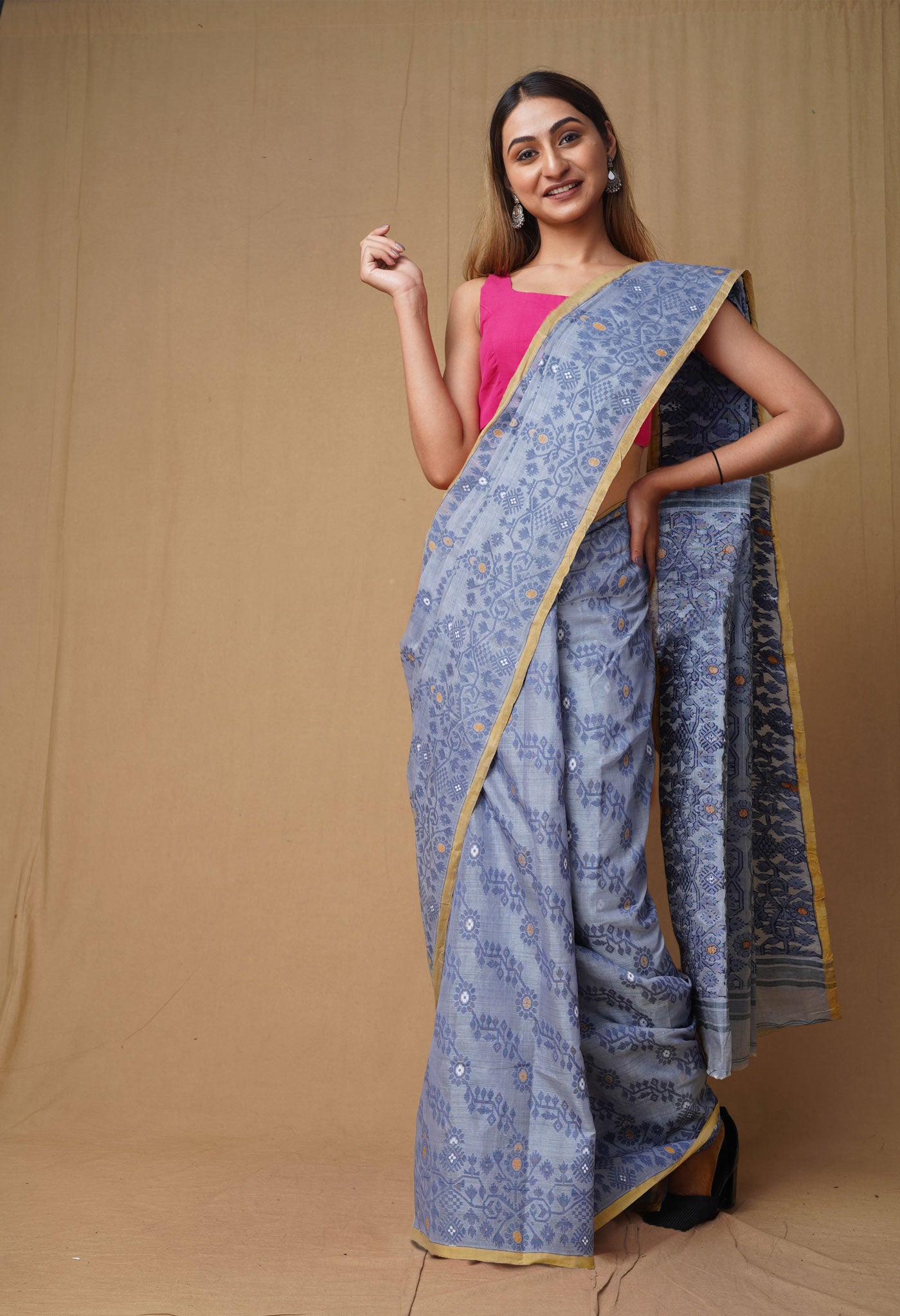 Grey Pure Handloom Tussar Jamdhani Bengal Cotton Saree-UNM80155