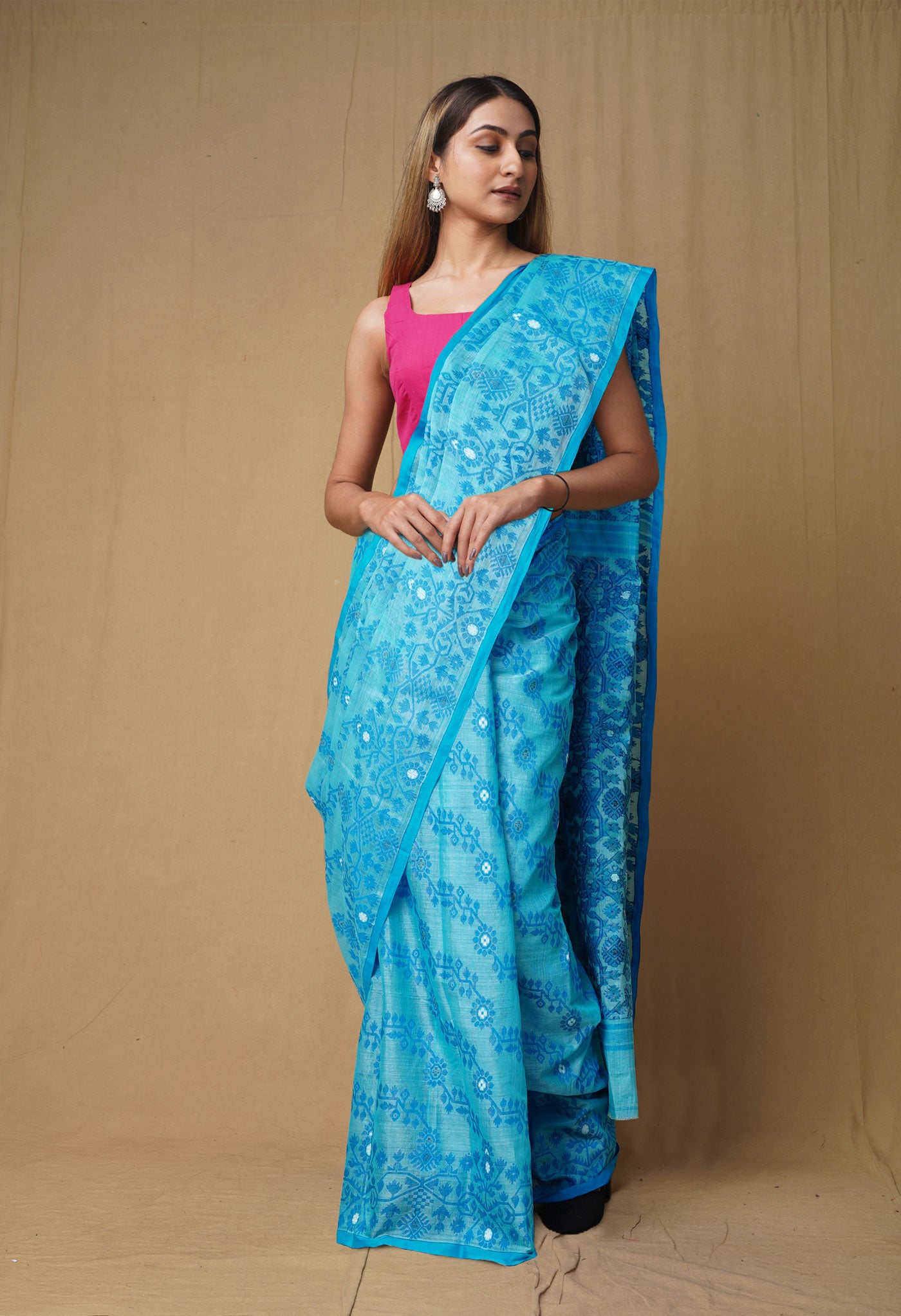 Blue Pure Handloom Tussar Jamdhani Bengal Cotton Saree-UNM80156