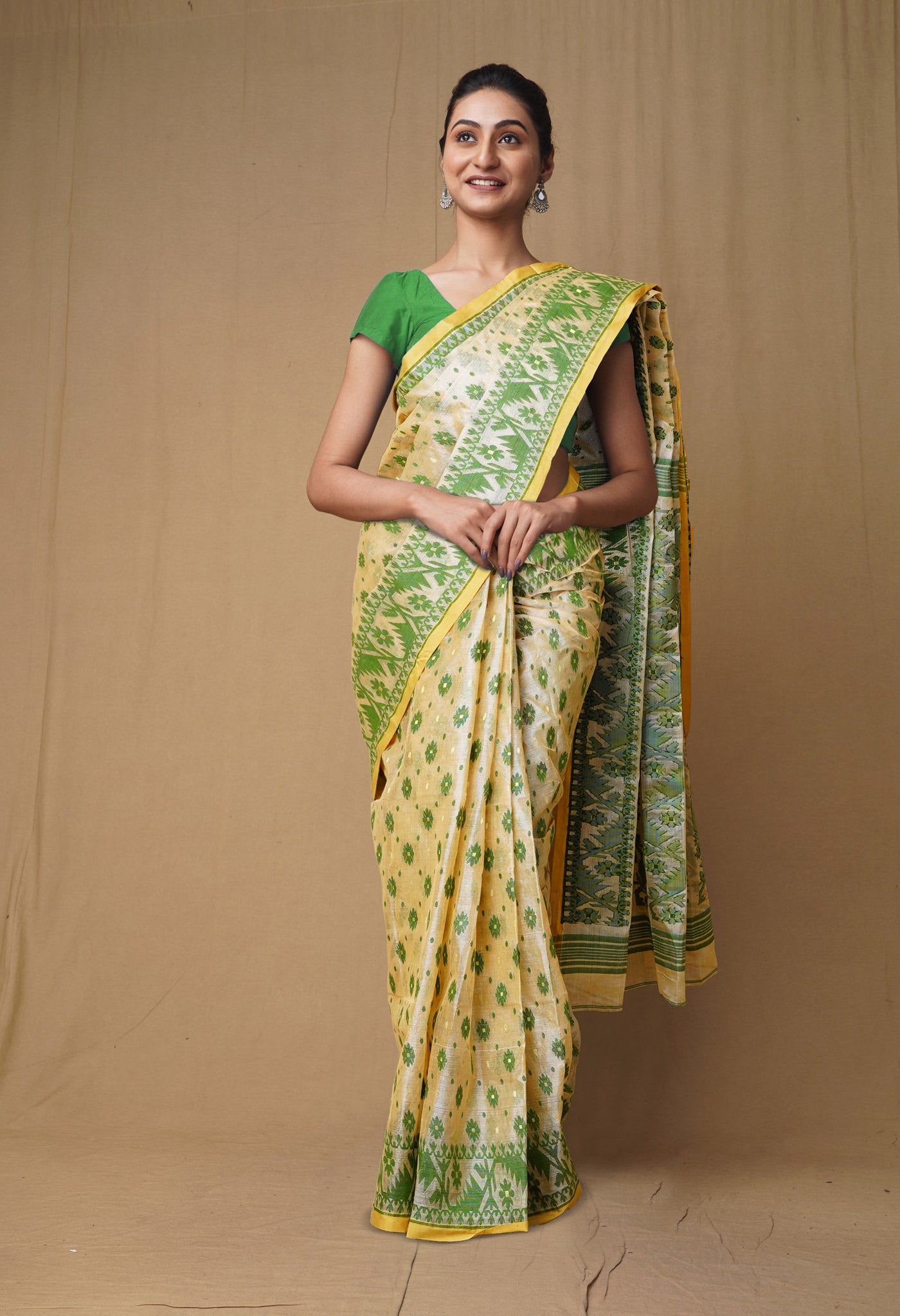 Cream-Green Pure Handloom Tussar Jamdhani Bengal Cotton Saree-UNM80165