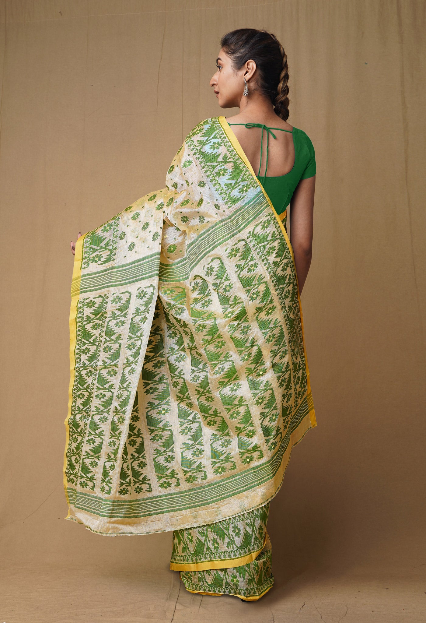 Cream-Green Pure Handloom Tussar Jamdhani Bengal Cotton Saree-UNM80165