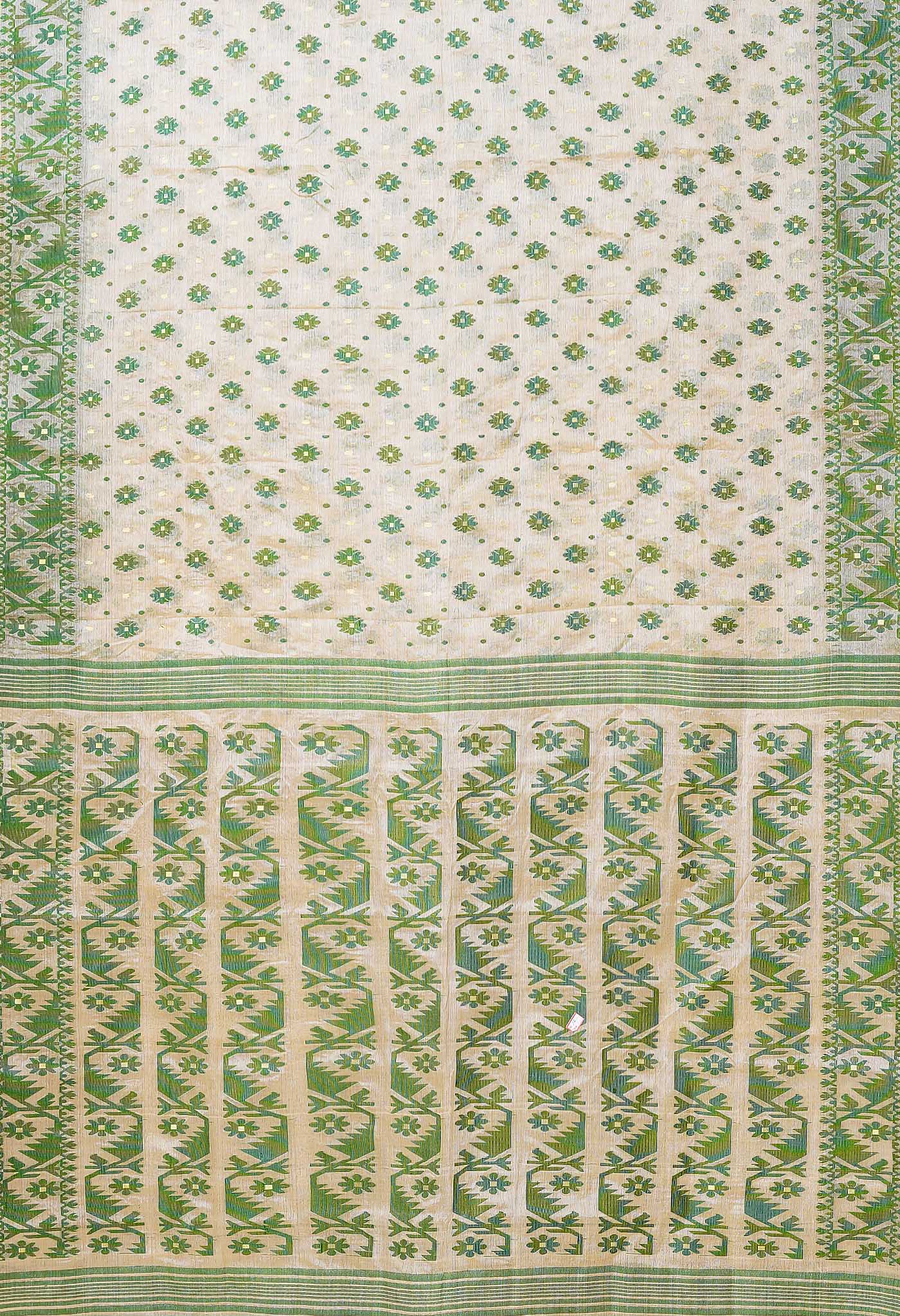 Cream-Green Pure Handloom Tussar Jamdhani Bengal Cotton Saree-UNM80165