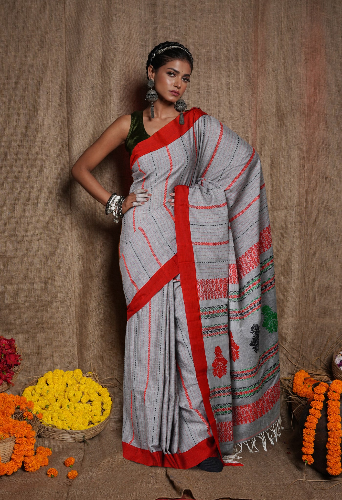 Grey Pure Handloom Nagaland Cotton Silk Saree-UNM80178