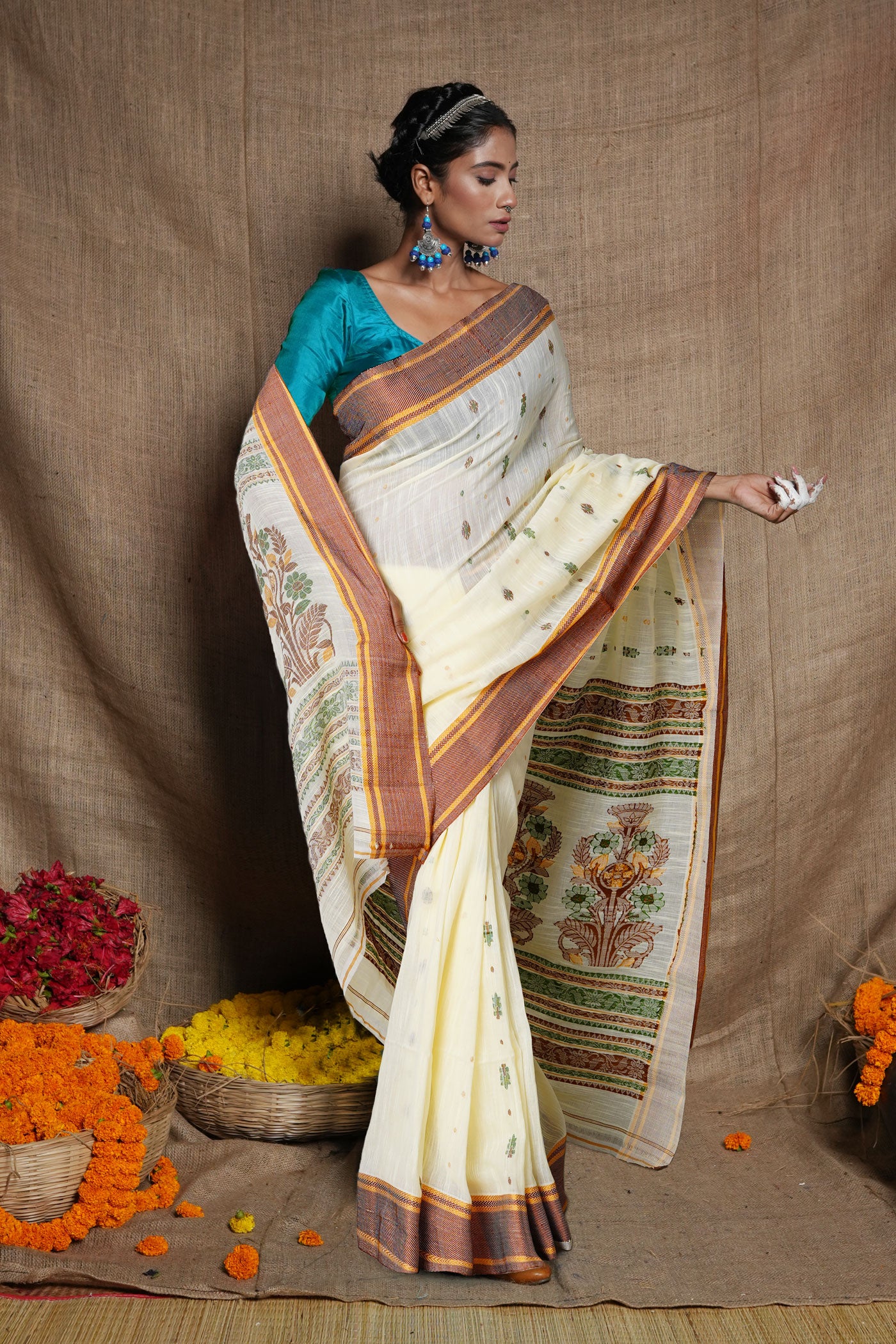 Ivory Pure  Bengal Sico Saree-UNM80180