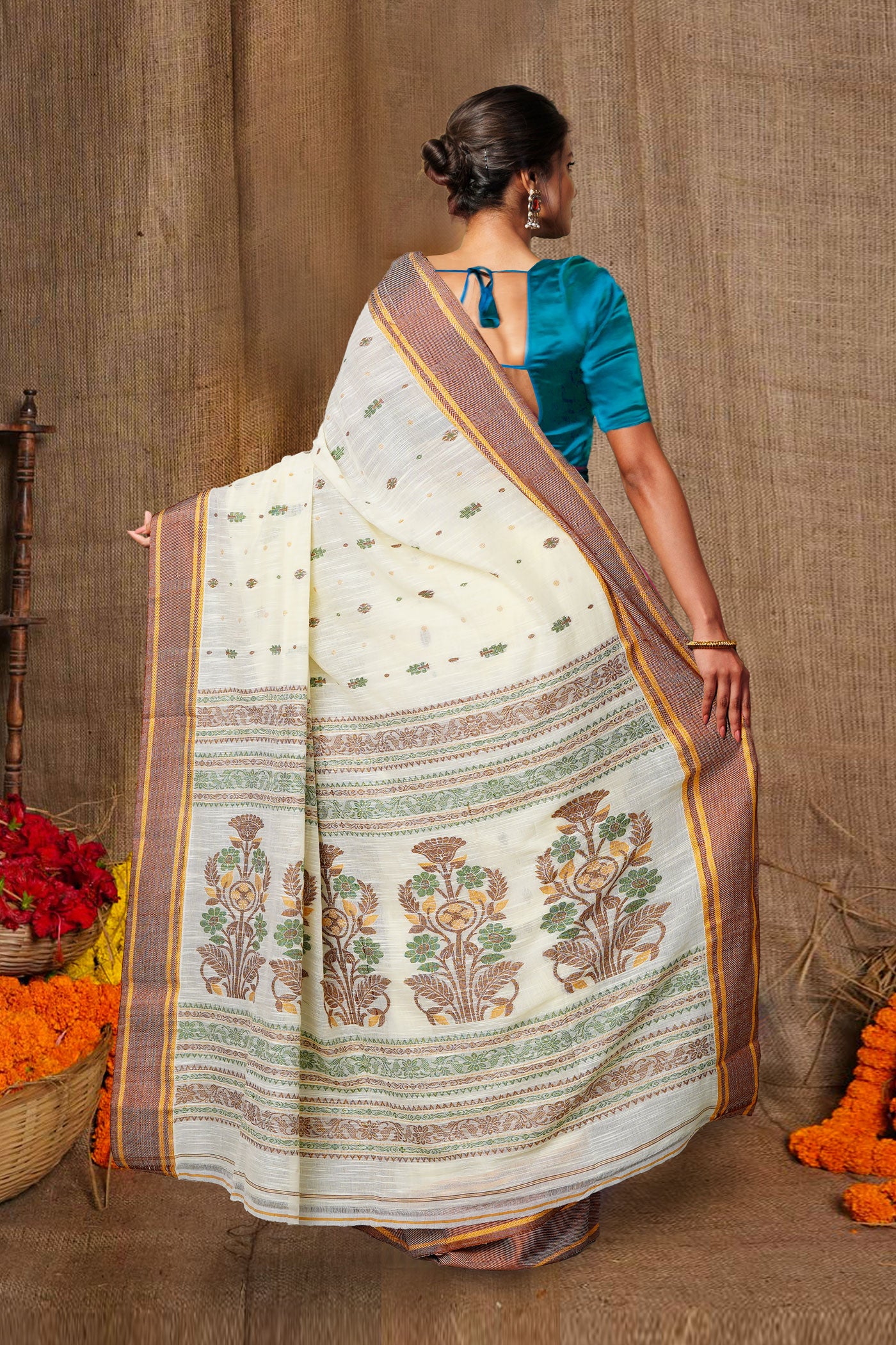 Ivory Pure  Bengal Sico Saree-UNM80180