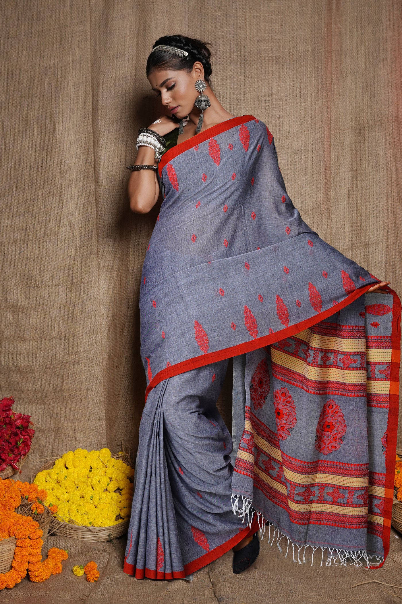 Grey Pure  Bengal Sico Saree-UNM80182