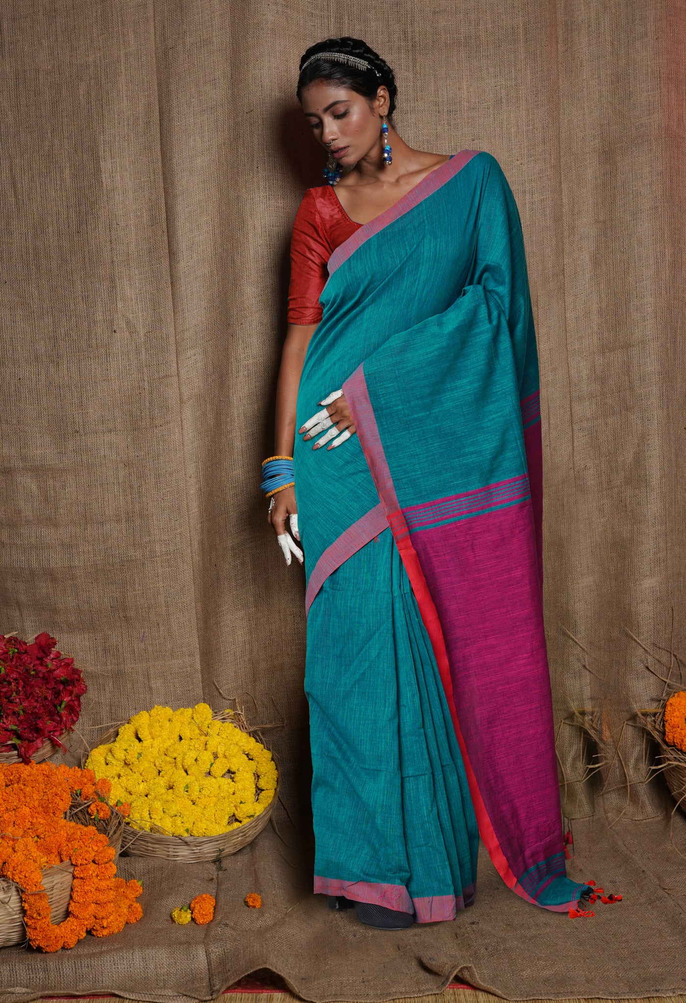 Peacock Green-Pink Pure Plain With Contrast Pallu Cotton Linen Saree-UNM80191