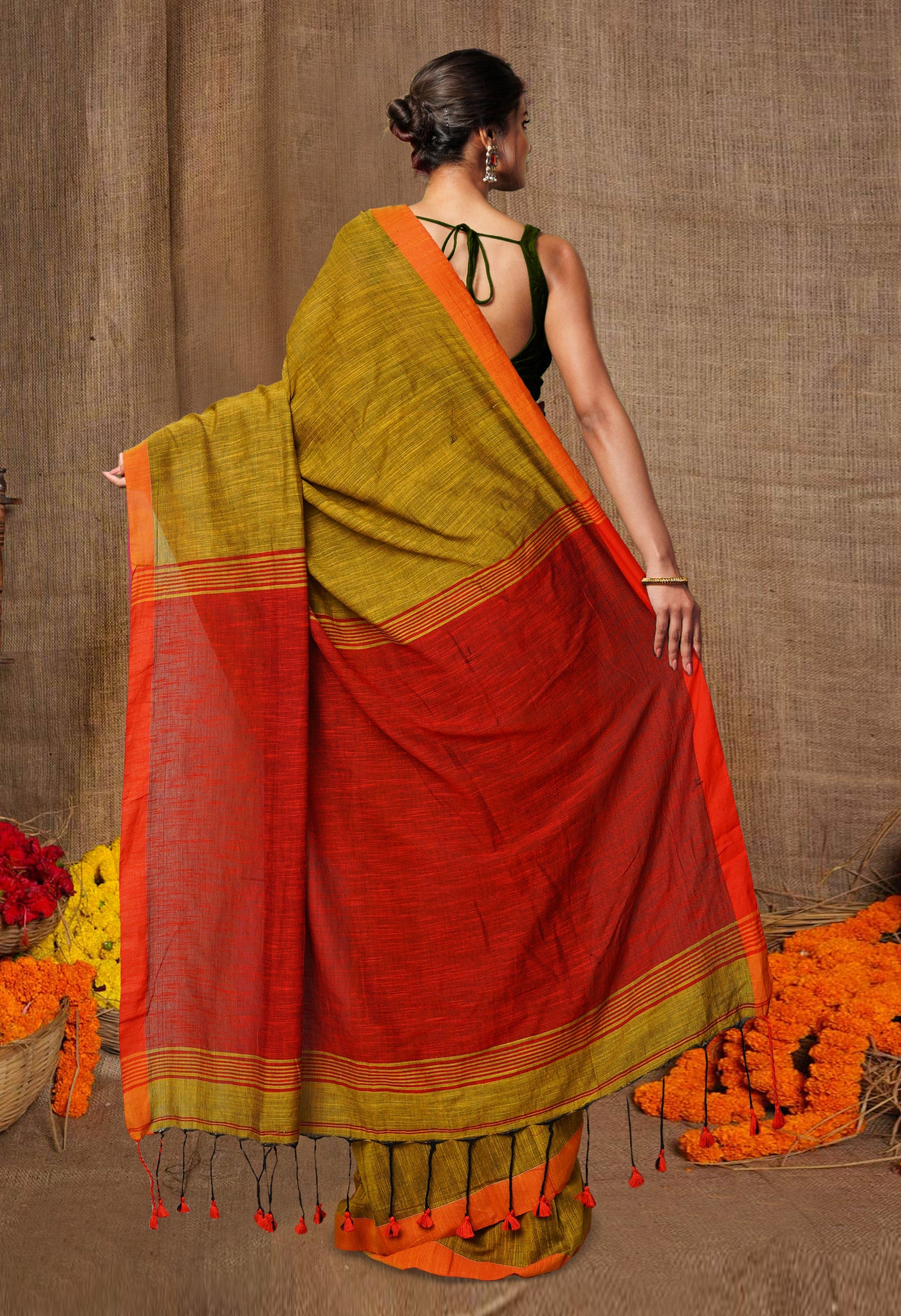 Brown-Red Pure Plain With Contrast Pallu Cotton Linen Saree-UNM80193