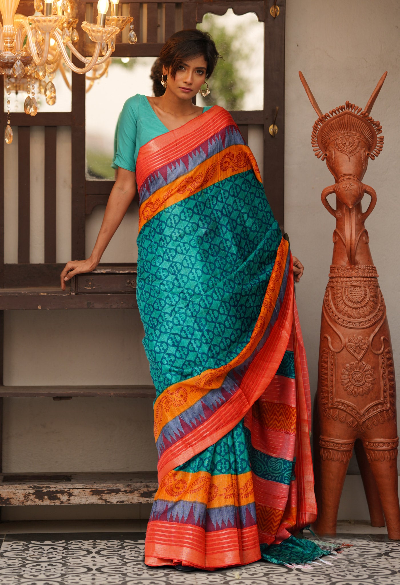 Green Pure Handloom Printed Vidarbha Tussar Silk Saree-UNM80197