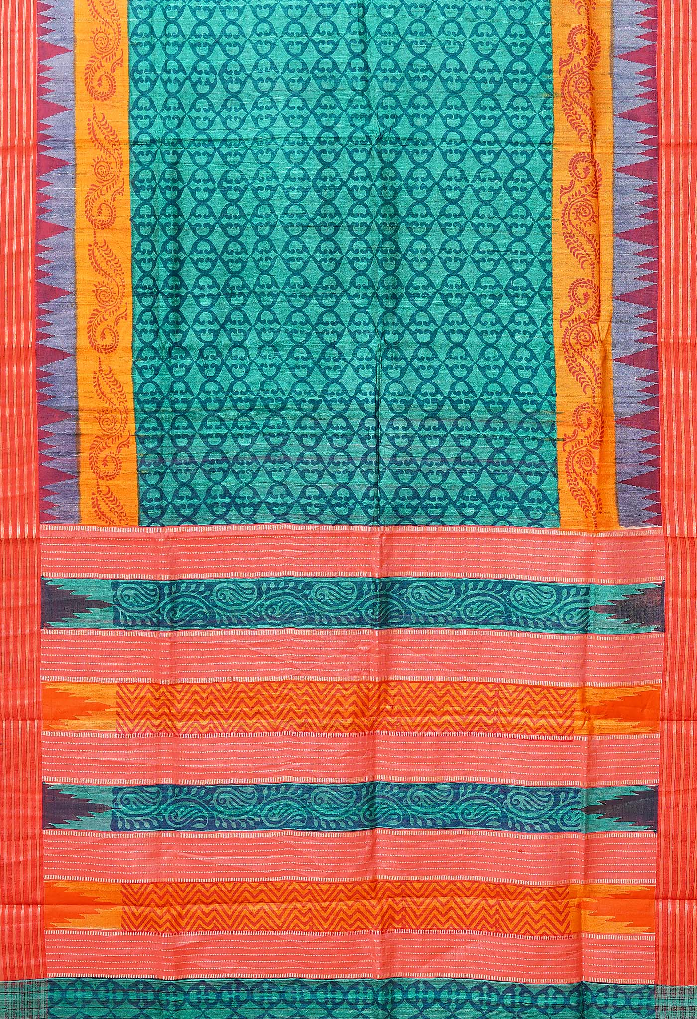 Green Pure Handloom Printed Vidarbha Tussar Silk Saree-UNM80197