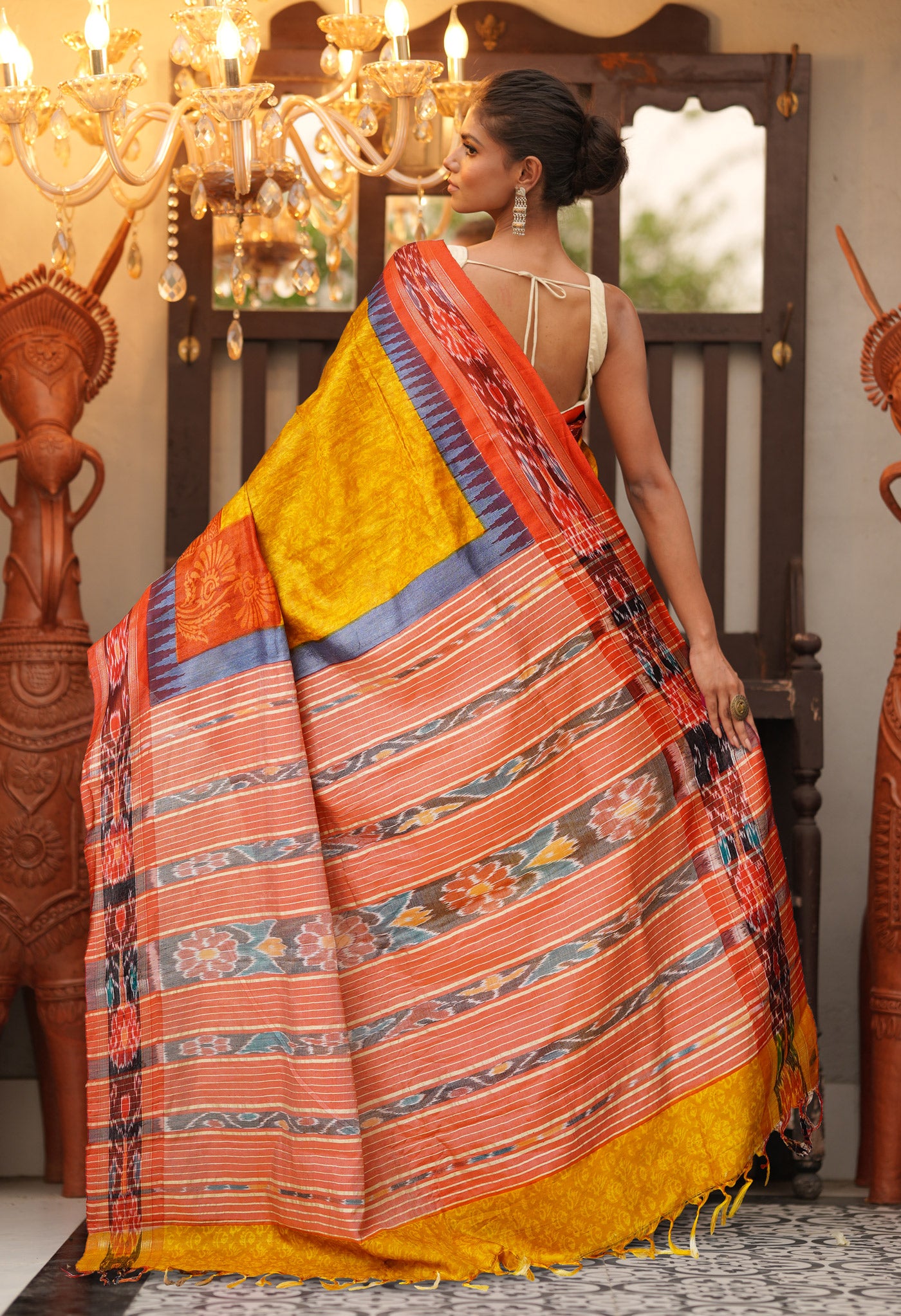 Yellow Pure Handloom Printed Vidarbha Tussar Silk Saree-UNM80198