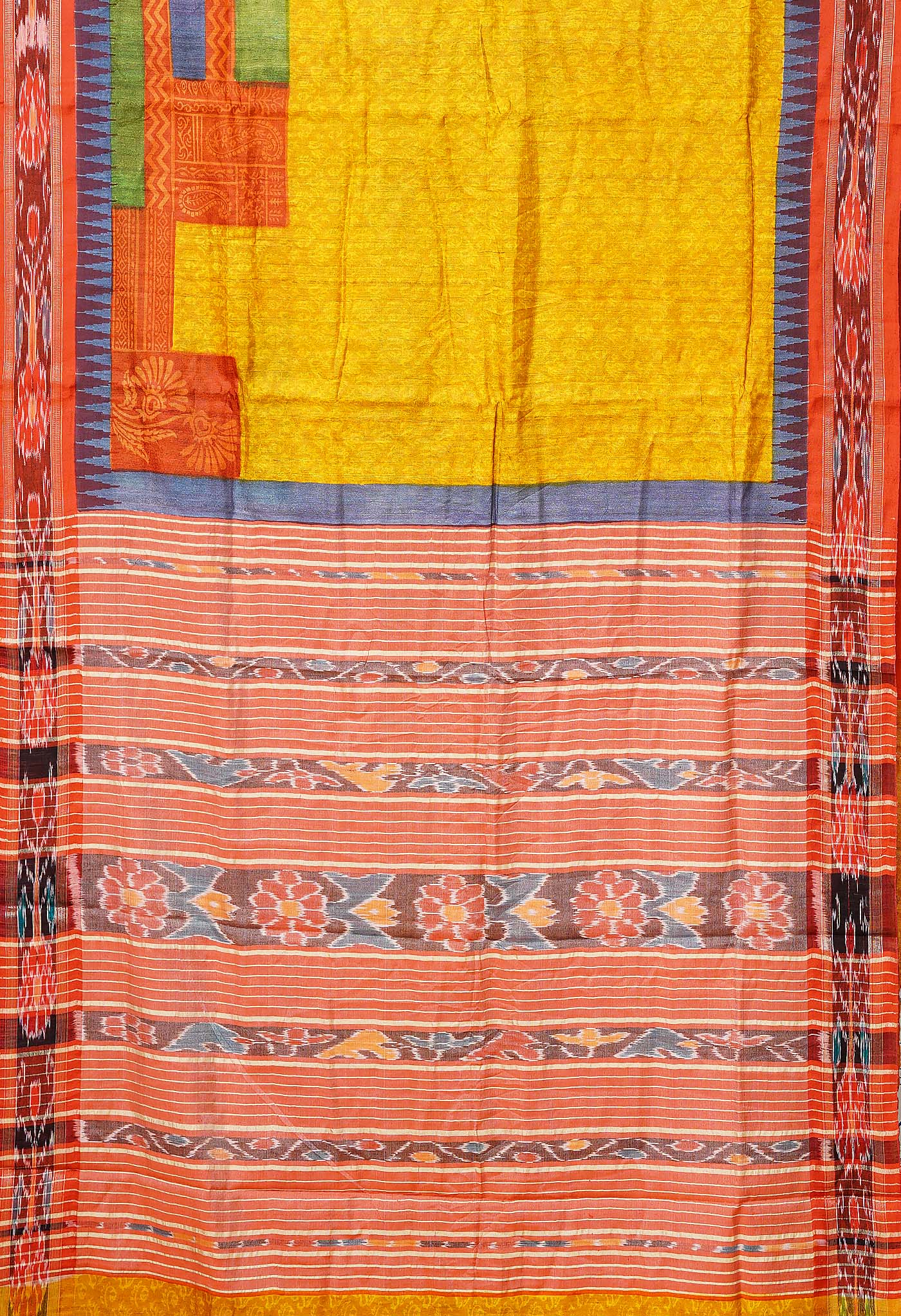 Yellow Pure Handloom Printed Vidarbha Tussar Silk Saree-UNM80198