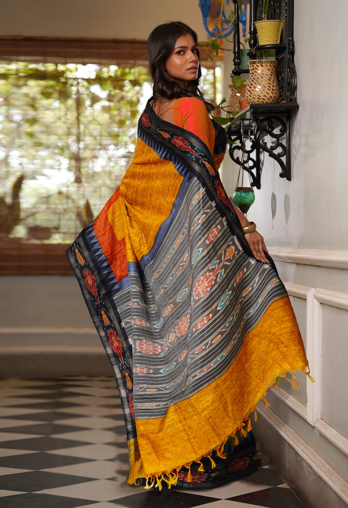 Yellow Pure Handloom Printed Vidarbha Tussar Silk Saree-UNM80201