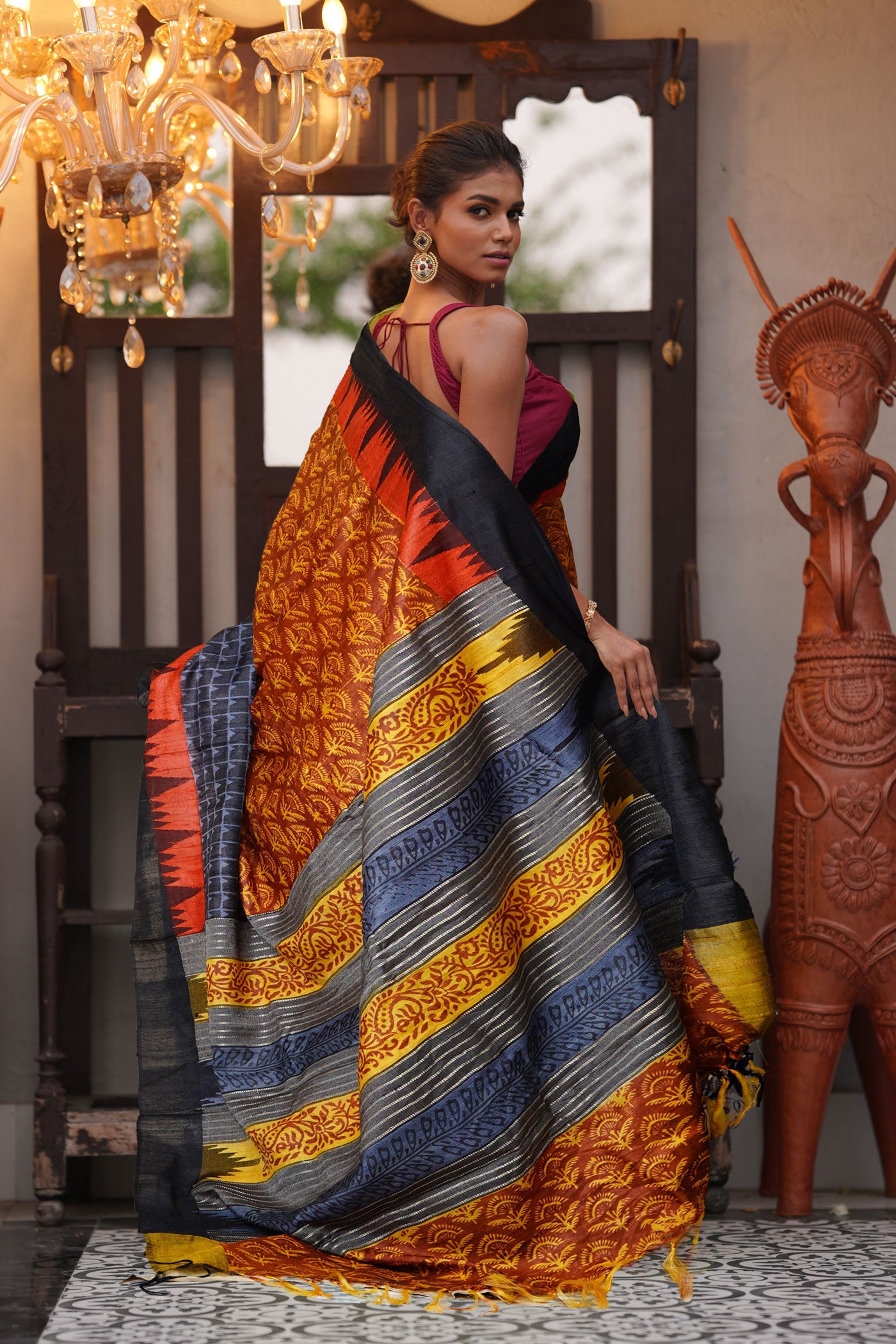 Brown Pure Handloom Printed Vidarbha Tussar Silk Saree-UNM80203