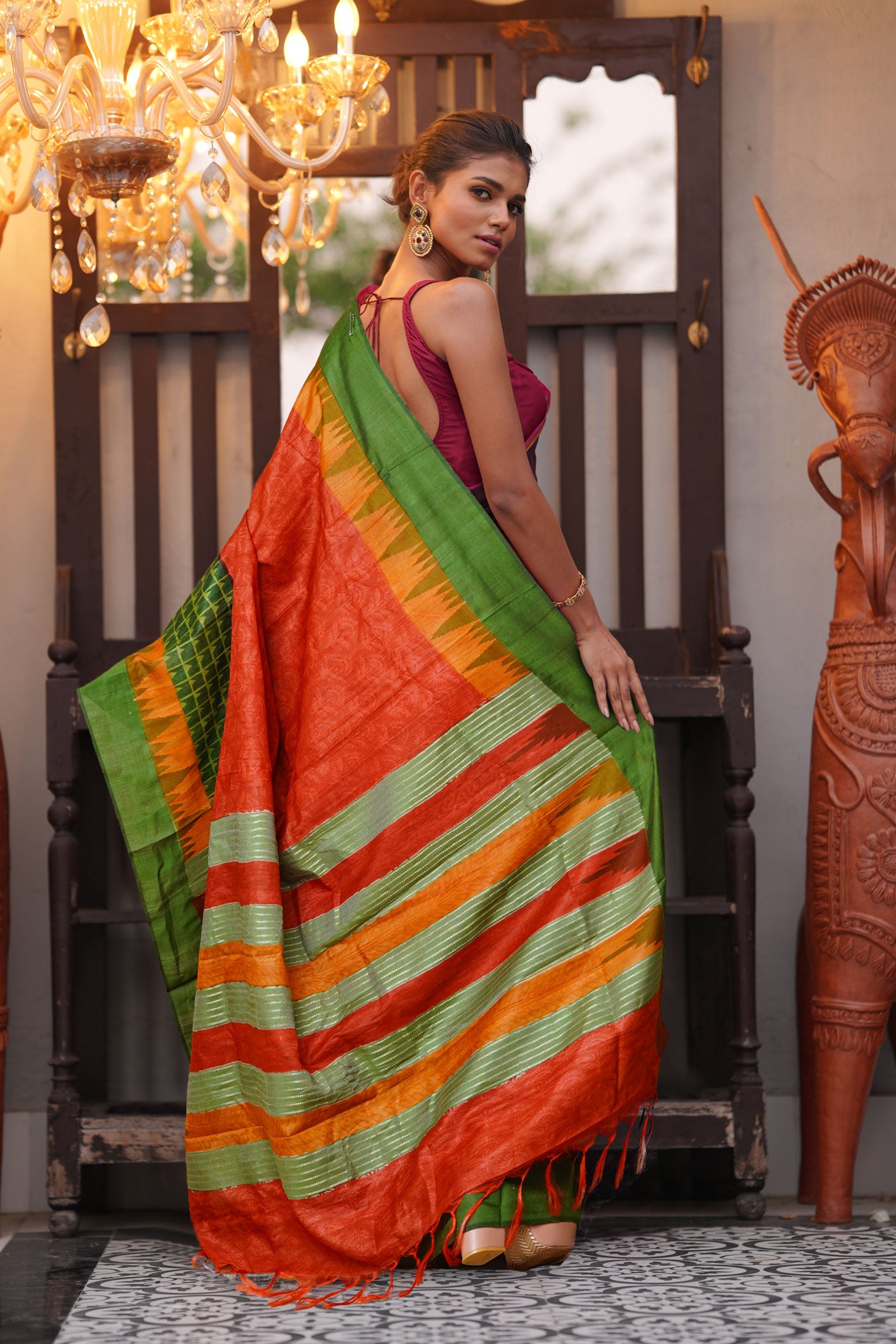 Red Pure Handloom Printed Vidarbha Tussar Silk Saree-UNM80204