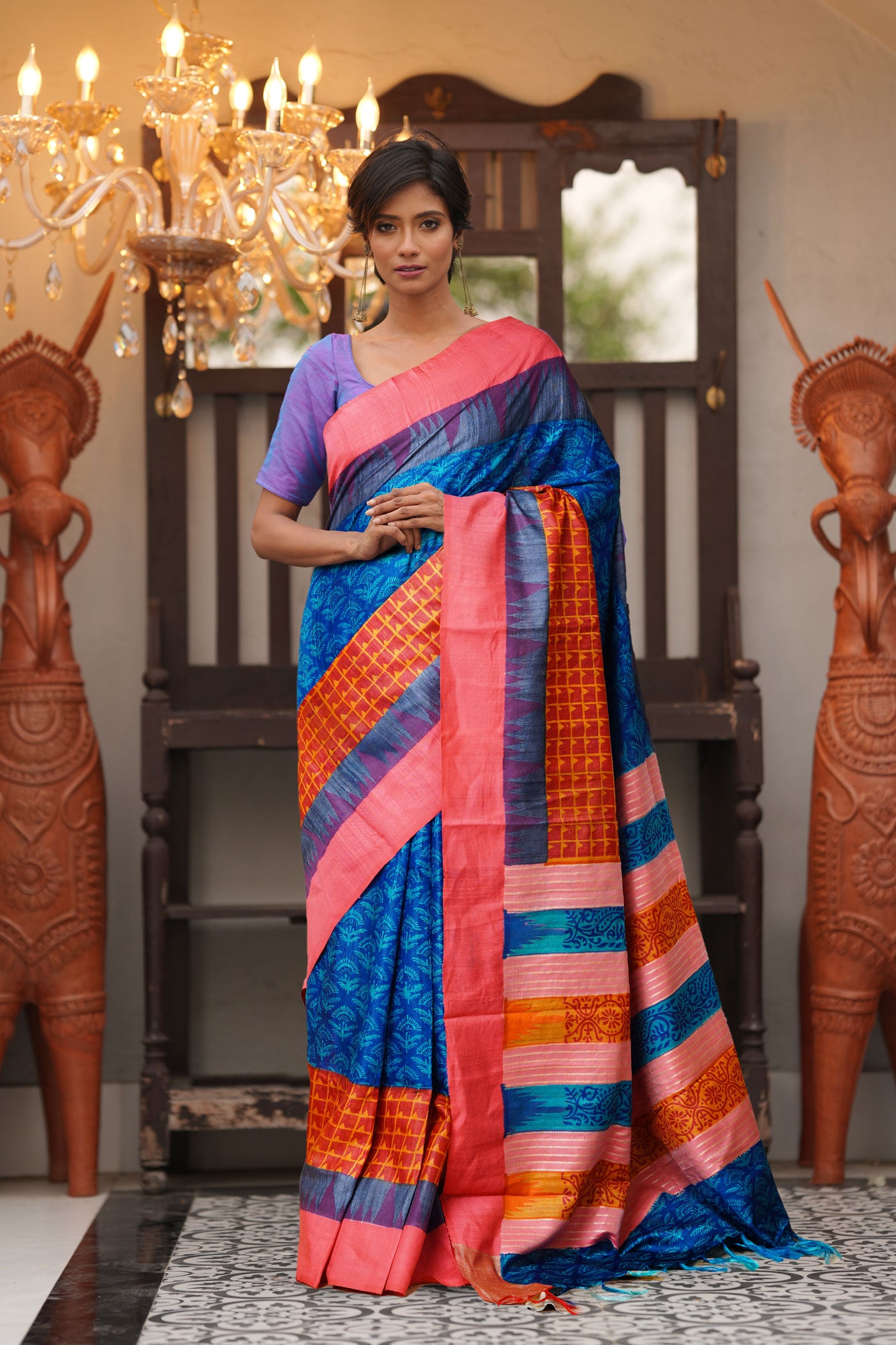 Blue Pure Handloom Printed Vidarbha Tussar Silk Saree-UNM80205