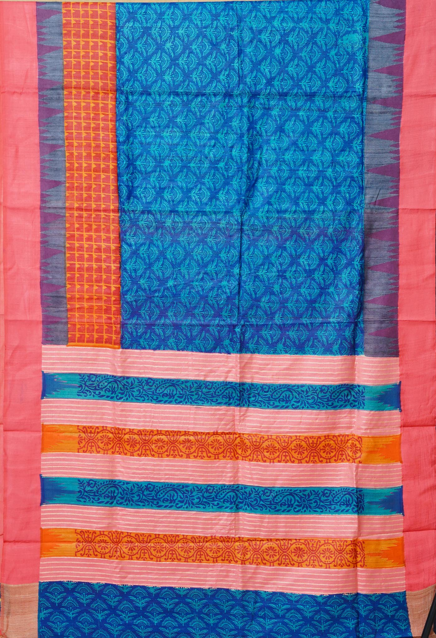 Blue Pure Handloom Printed Vidarbha Tussar Silk Saree-UNM80205