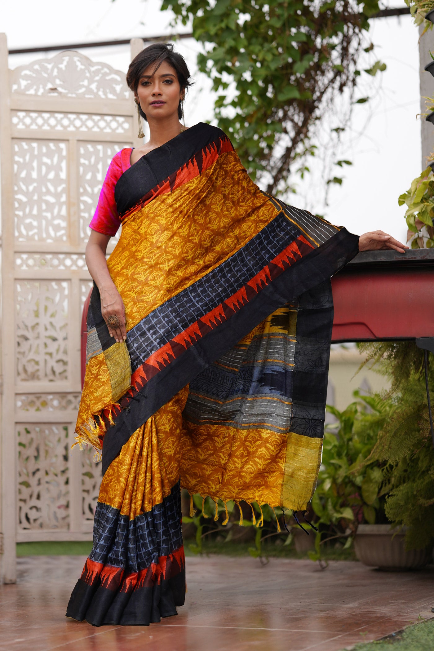 Yellow Pure Handloom Printed Vidarbha Tussar Silk Saree-UNM80206