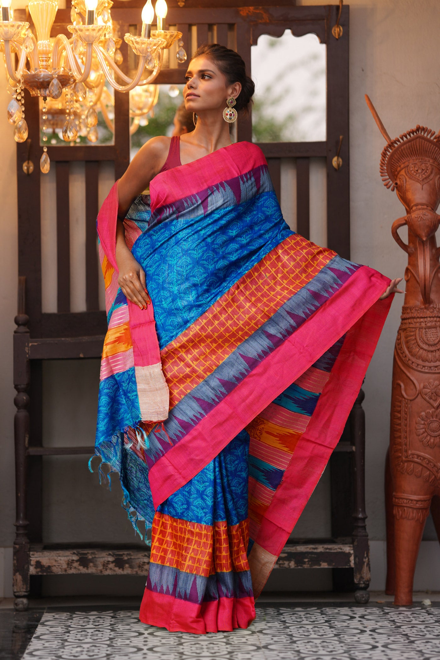 Blue Pure Handloom Printed Vidarbha Tussar Silk Saree-UNM80207