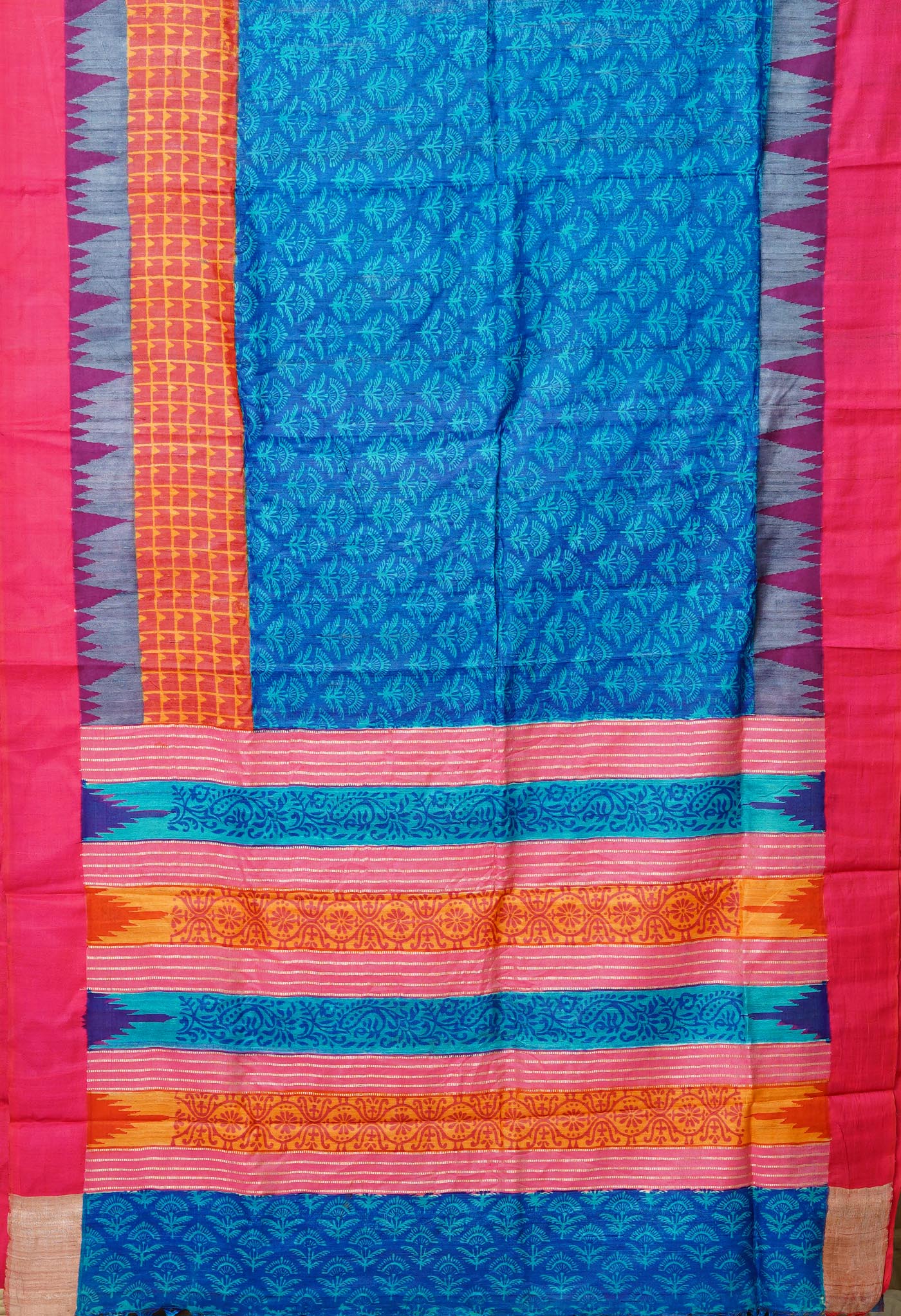 Blue Pure Handloom Printed Vidarbha Tussar Silk Saree-UNM80207