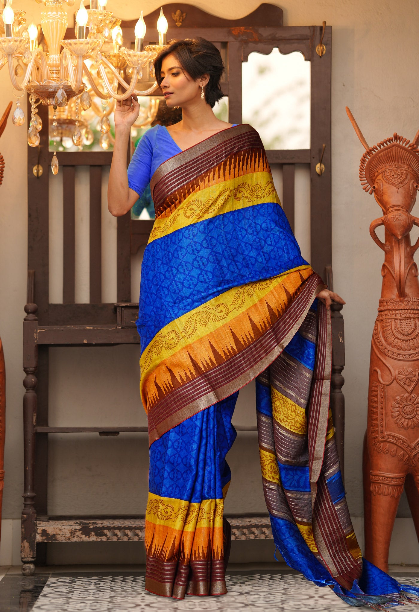 Blue Pure Handloom Printed Vidarbha Tussar Silk Saree-UNM80209