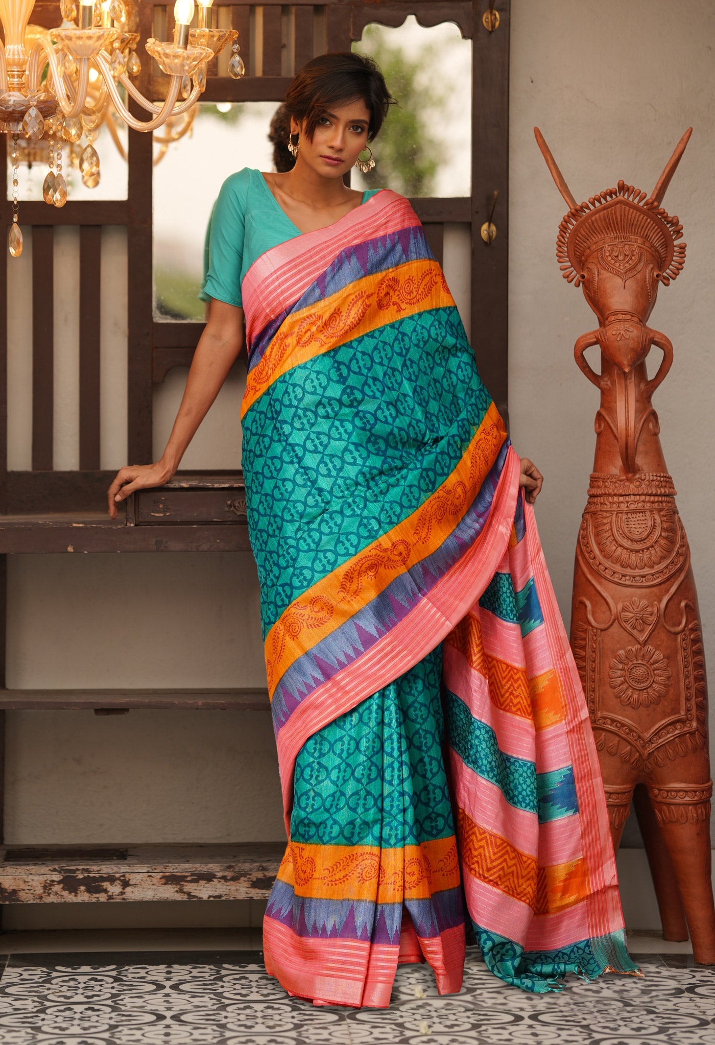 Green Pure Handloom Printed Vidarbha Tussar Silk Saree-UNM80211