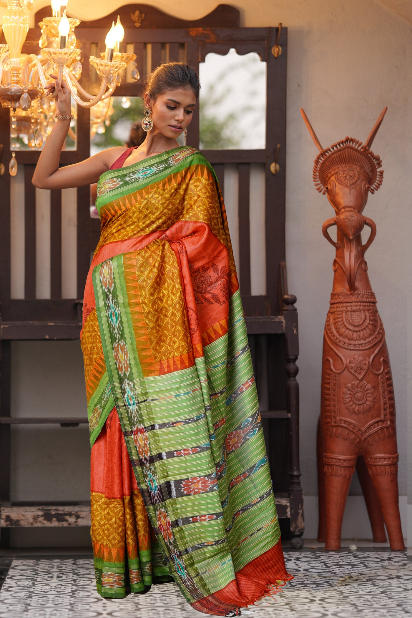 Red Pure Handloom Printed Vidarbha Tussar Silk Saree-UNM80215