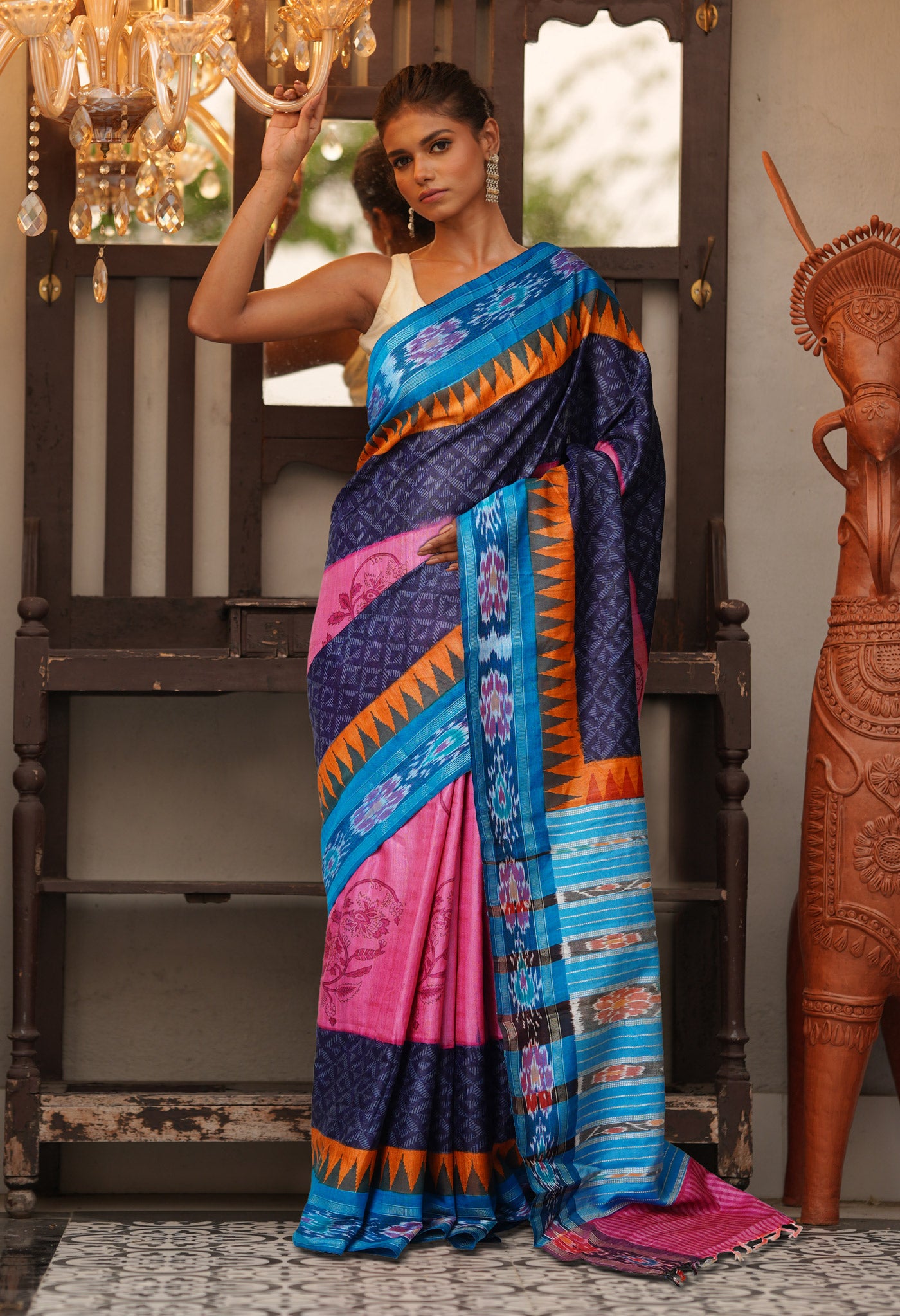 Pink Pure Handloom Printed Vidarbha Tussar Silk Saree-UNM80217