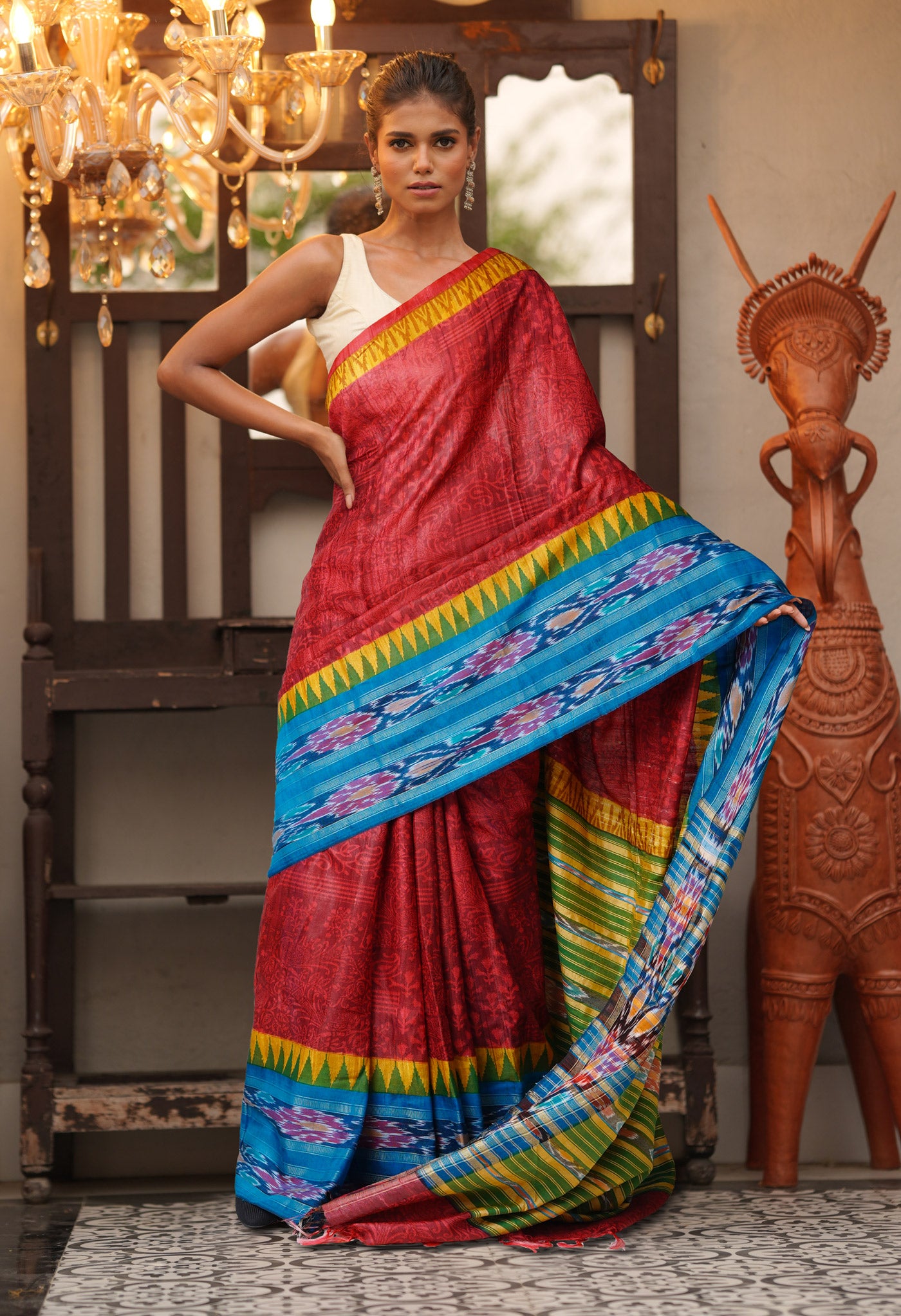 Red Pure Handloom Printed Vidarbha Tussar Silk Saree-UNM80218