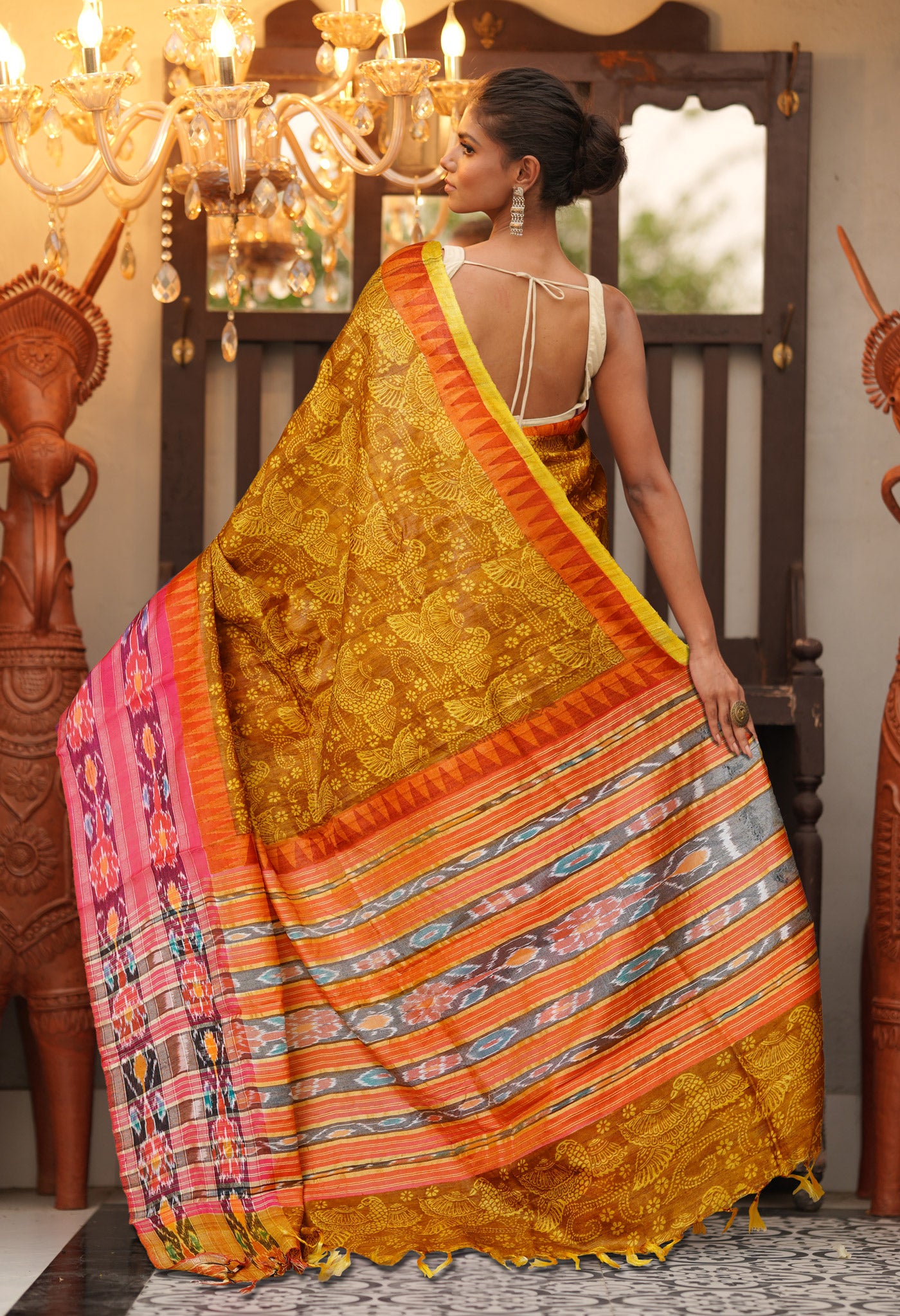 Yellow Pure Handloom Printed Vidarbha Tussar Silk Saree-UNM80219