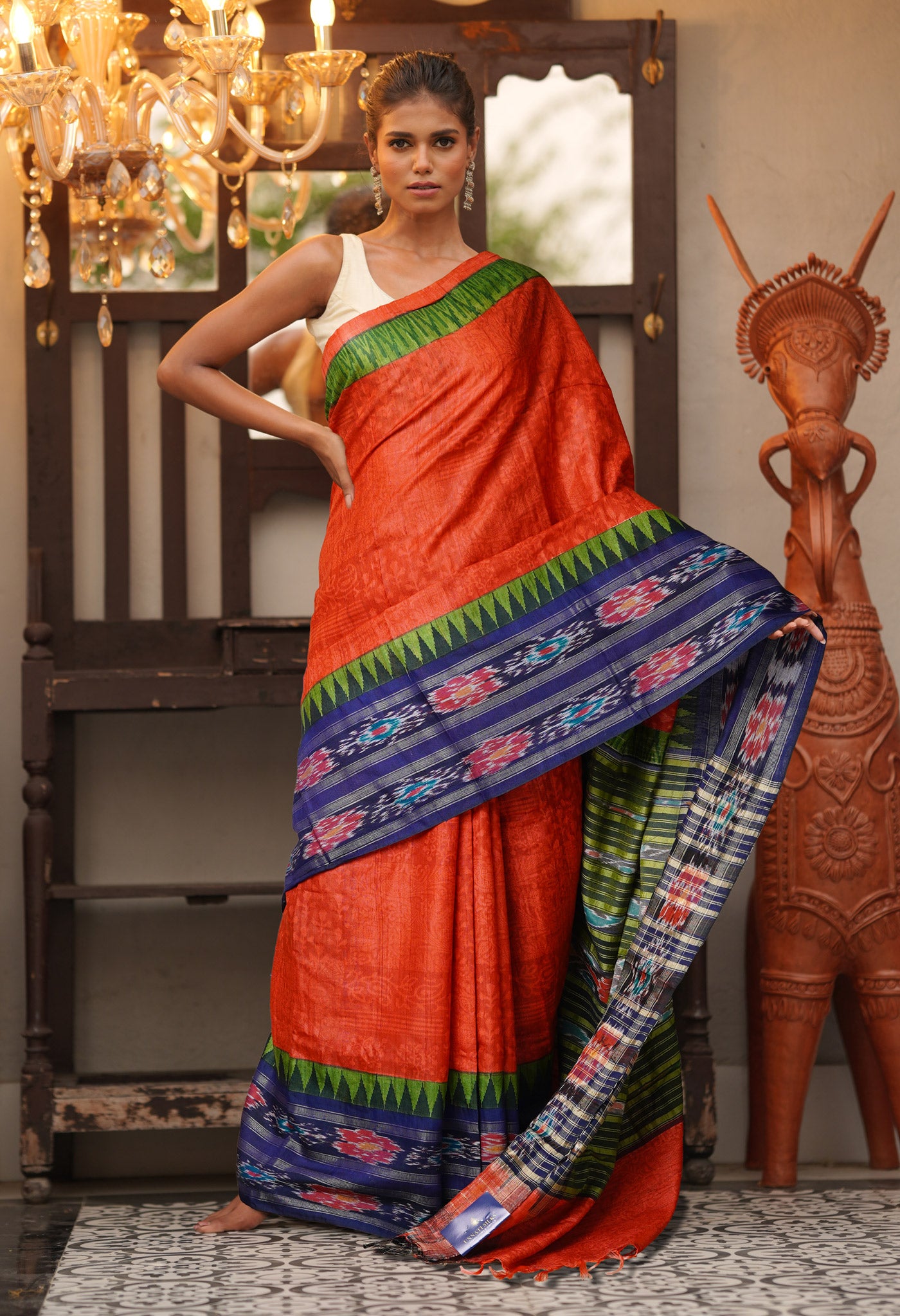 Red Pure Handloom Printed Vidarbha Tussar Silk Saree-UNM80220