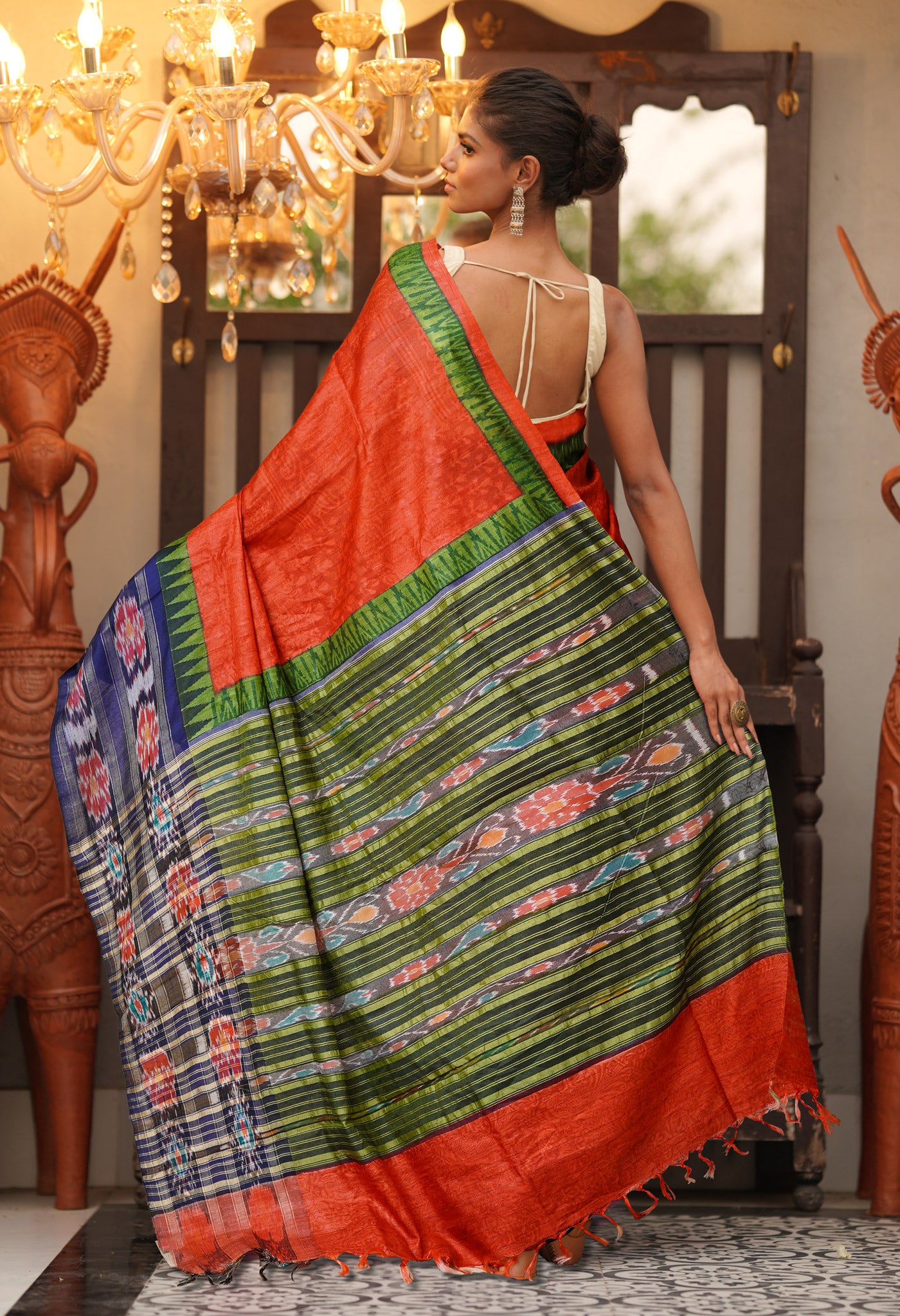 Red Pure Handloom Printed Vidarbha Tussar Silk Saree-UNM80220