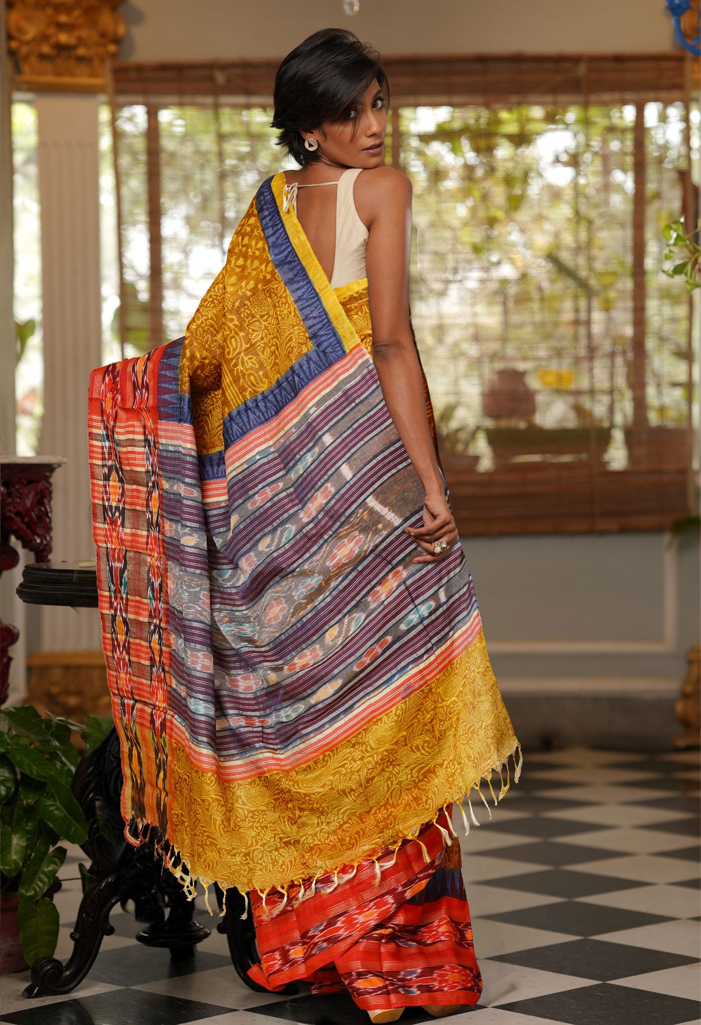 Yellow Pure Handloom Printed Vidarbha Tussar Silk Saree-UNM80223