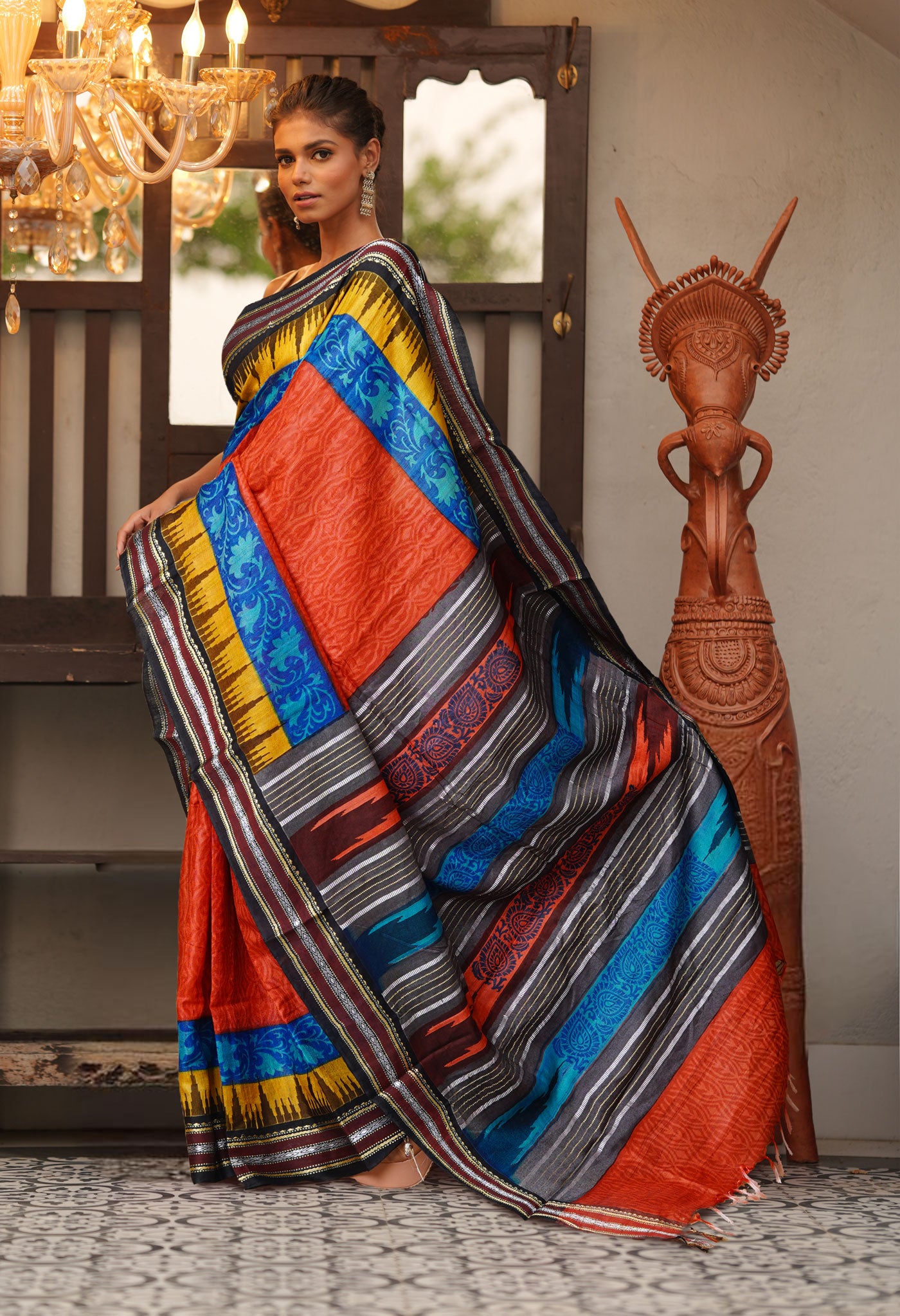 Red Pure Handloom Printed Vidarbha Tussar Silk Saree-UNM80224