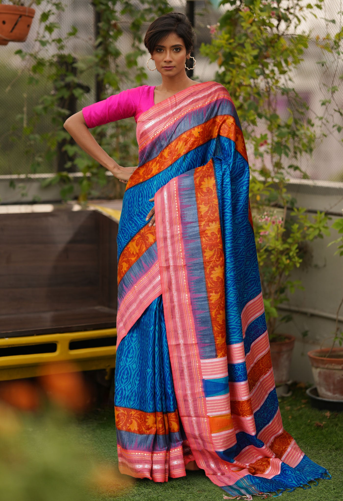 Blue Pure Handloom Printed Vidarbha Tussar Silk Saree-UNM80225