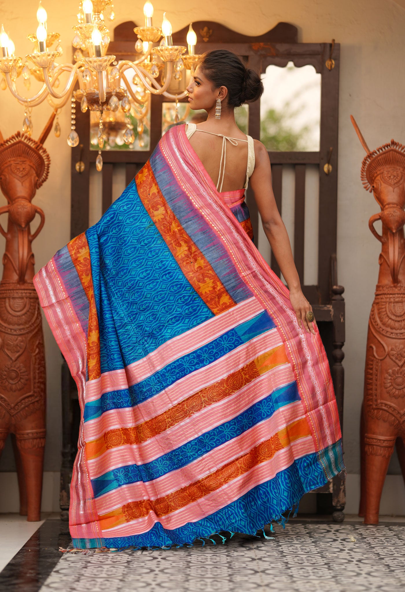 Blue Pure Handloom Printed Vidarbha Tussar Silk Saree-UNM80225